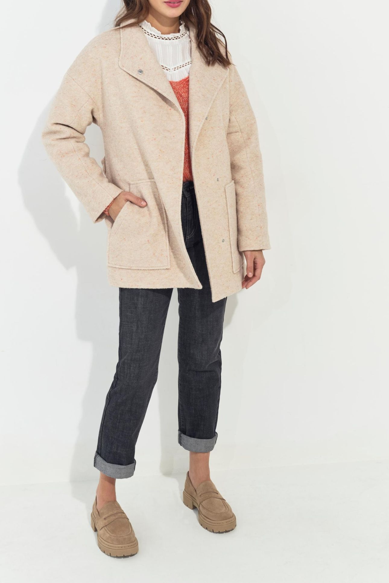 DIAZ - SHORT IVORY COAT WITH FANCY MOTTLED WOOL, BATHROBE ST 2