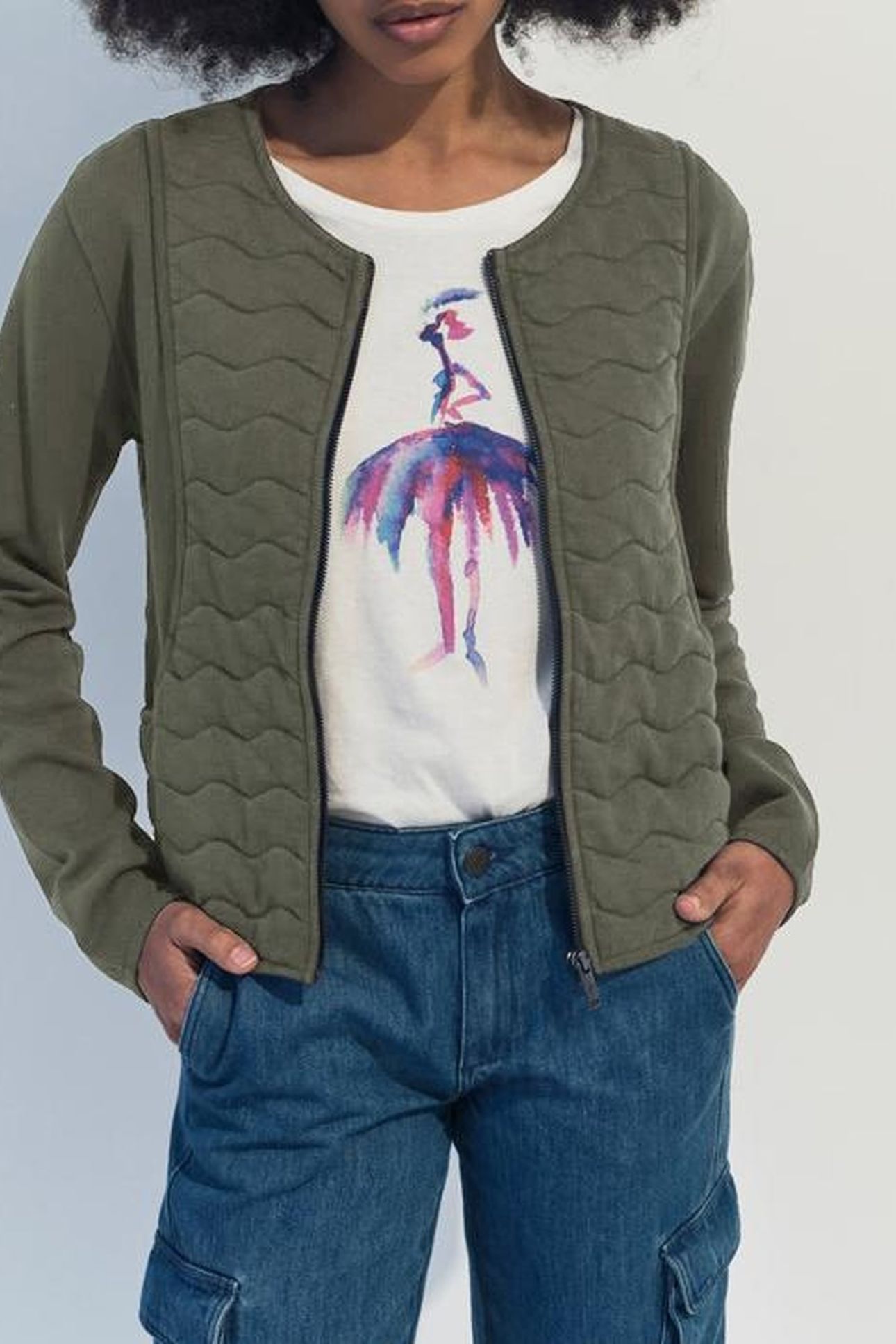 MARINO - KHAKI ZIPPED QUILTED KNIT CARDIGAN 2