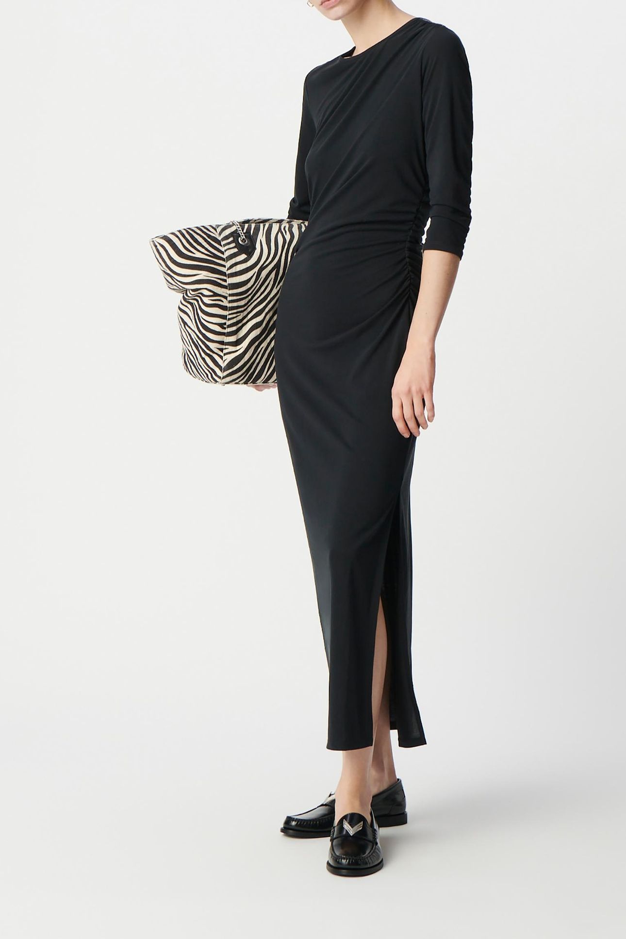 GATHERED BLACK EVENING DRESS WITH RHINESTONE SHOULDERS 1