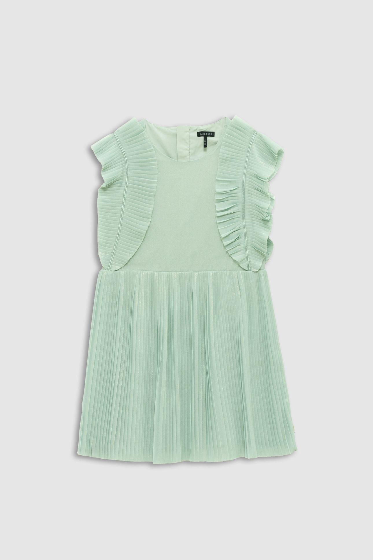 WATER-GREEN IRIDESCENT PLEATED RUFFLED DRESS 1