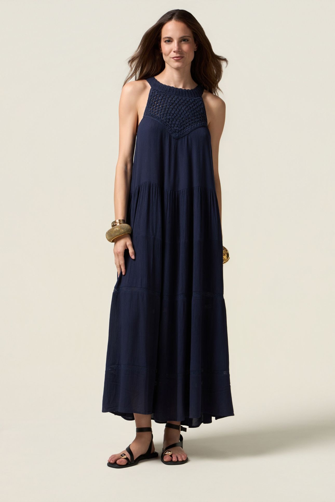 LONG DRESS WITH CROCHET INSERT BLUE 1