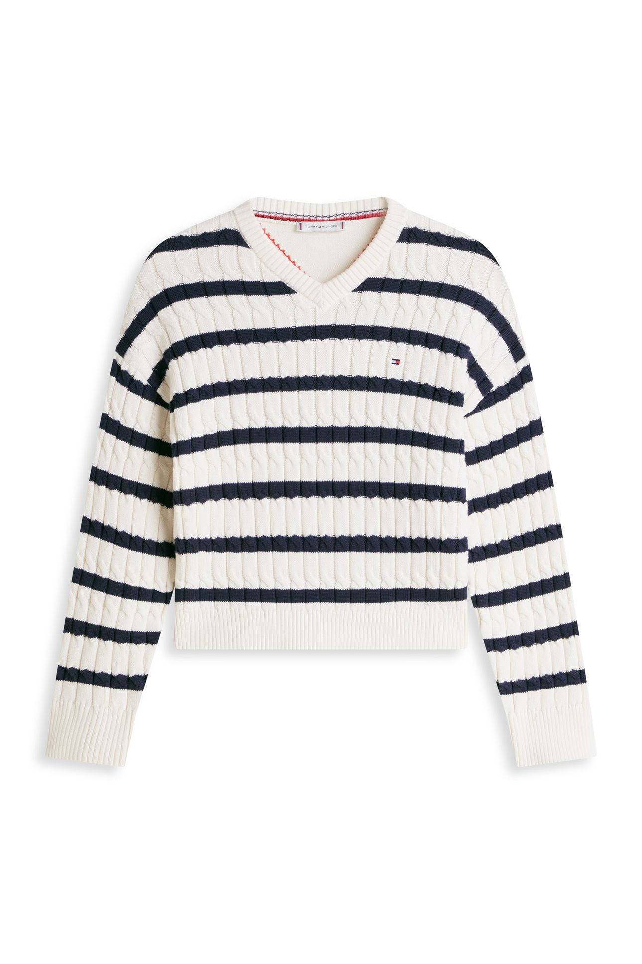 CABLE-KNIT V-NECK SWEATER IVORY PETAL/DARK NAVY 5
