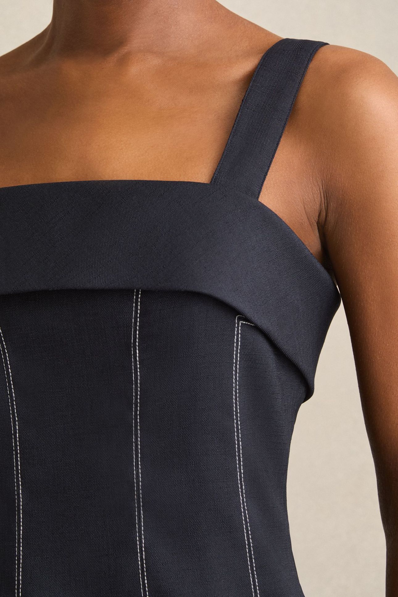 SHORT CONTRAST STITCH LINEN DRESS NAVY 5