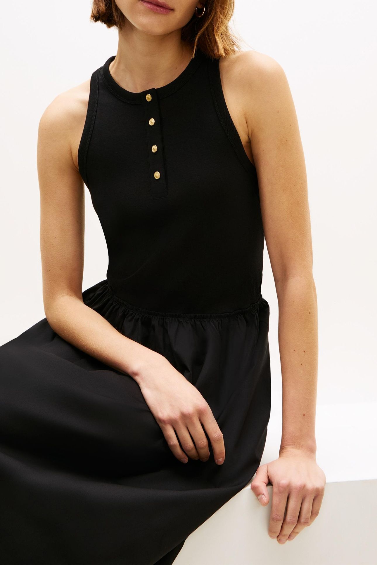 GOLD BUTTON POPLIN MIX DRESS BLACK 3