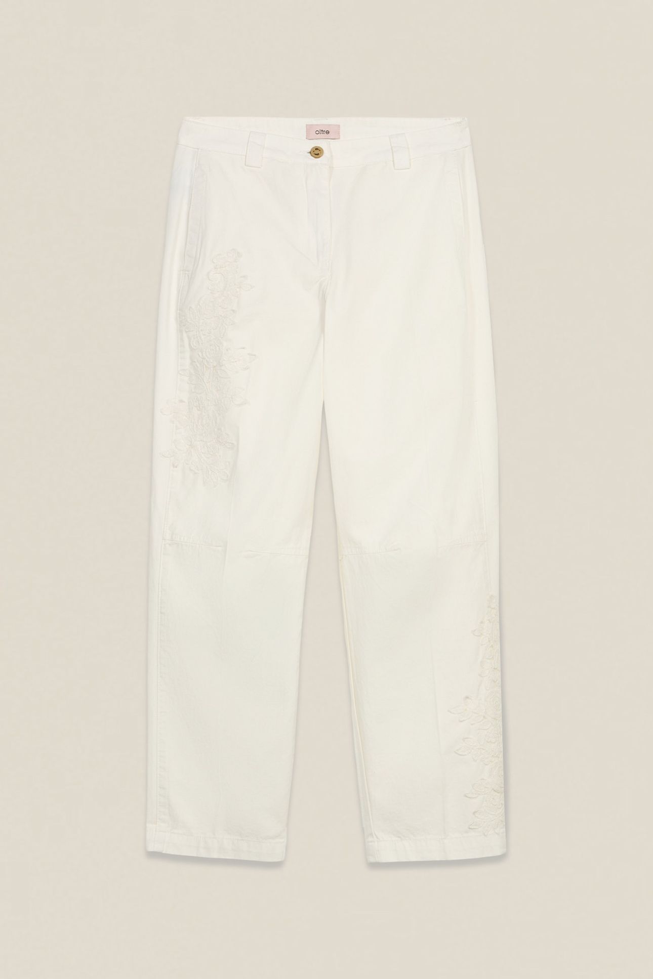 COTTON CHINOS WITH FLORAL EMBROIDERY WHITE 3