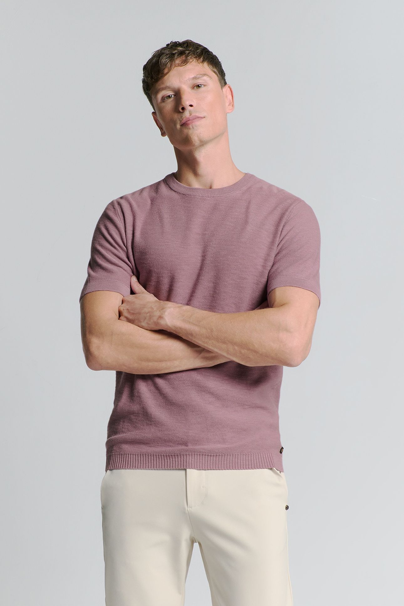 PULLOVER SHORT SLEEVE CREWNECK SOLID SLUB KNIT MAUVE 1