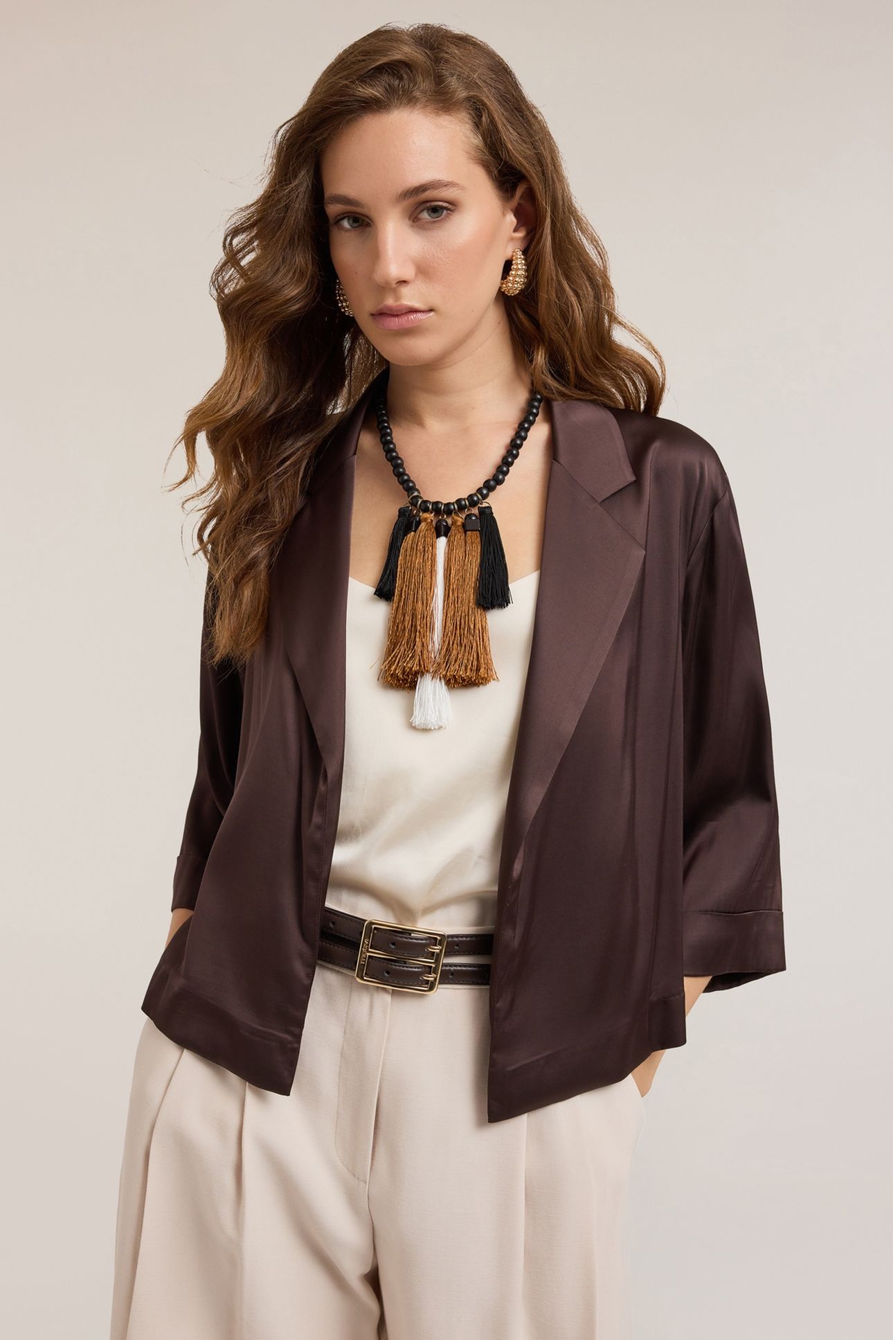 STRETCH SATIN DECONSTRUCTED JACKET BROWN 1