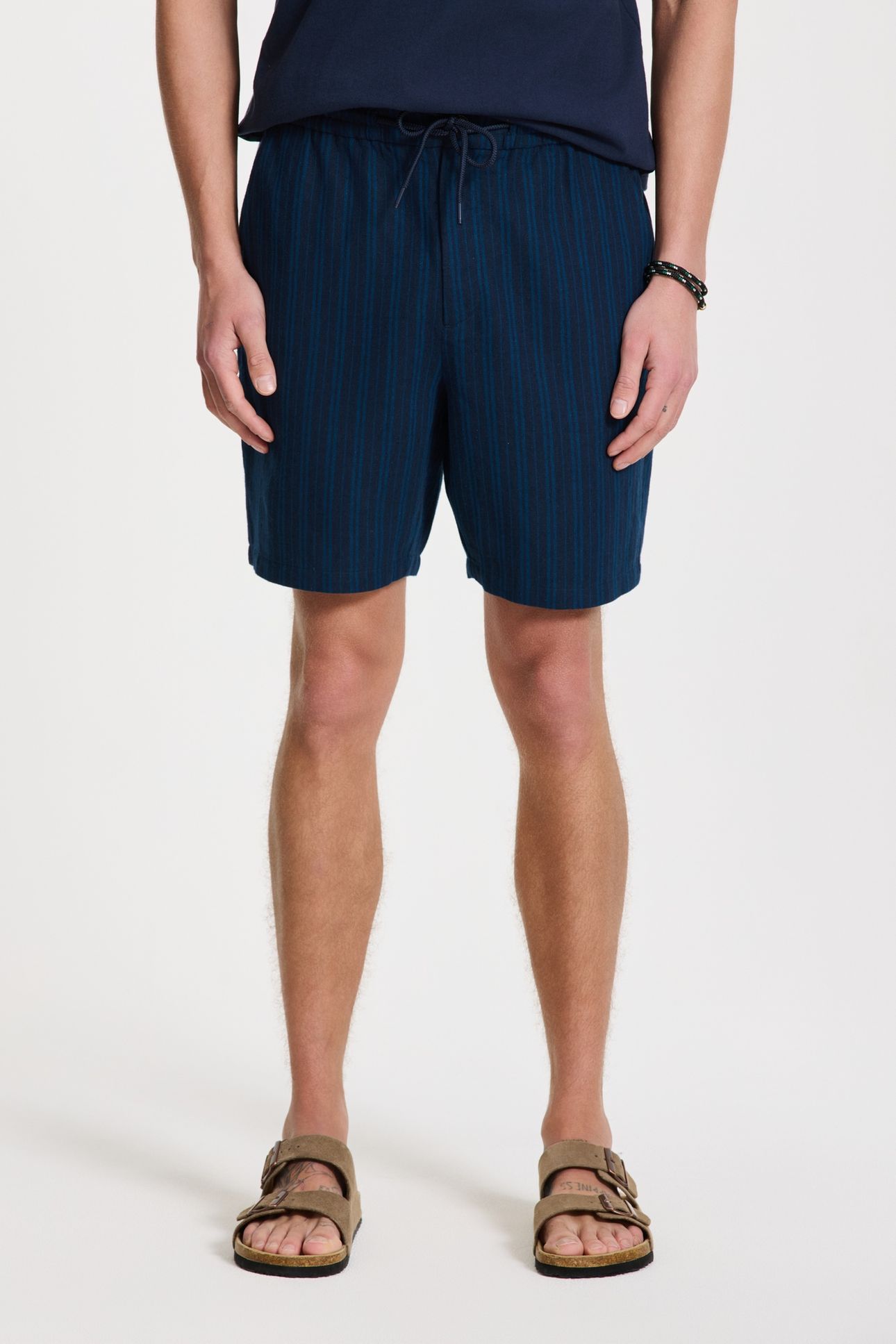 LEWIS LINEN SHORTS YARN DYE STRIPES BLUE DARK NAVY STRIPES 1