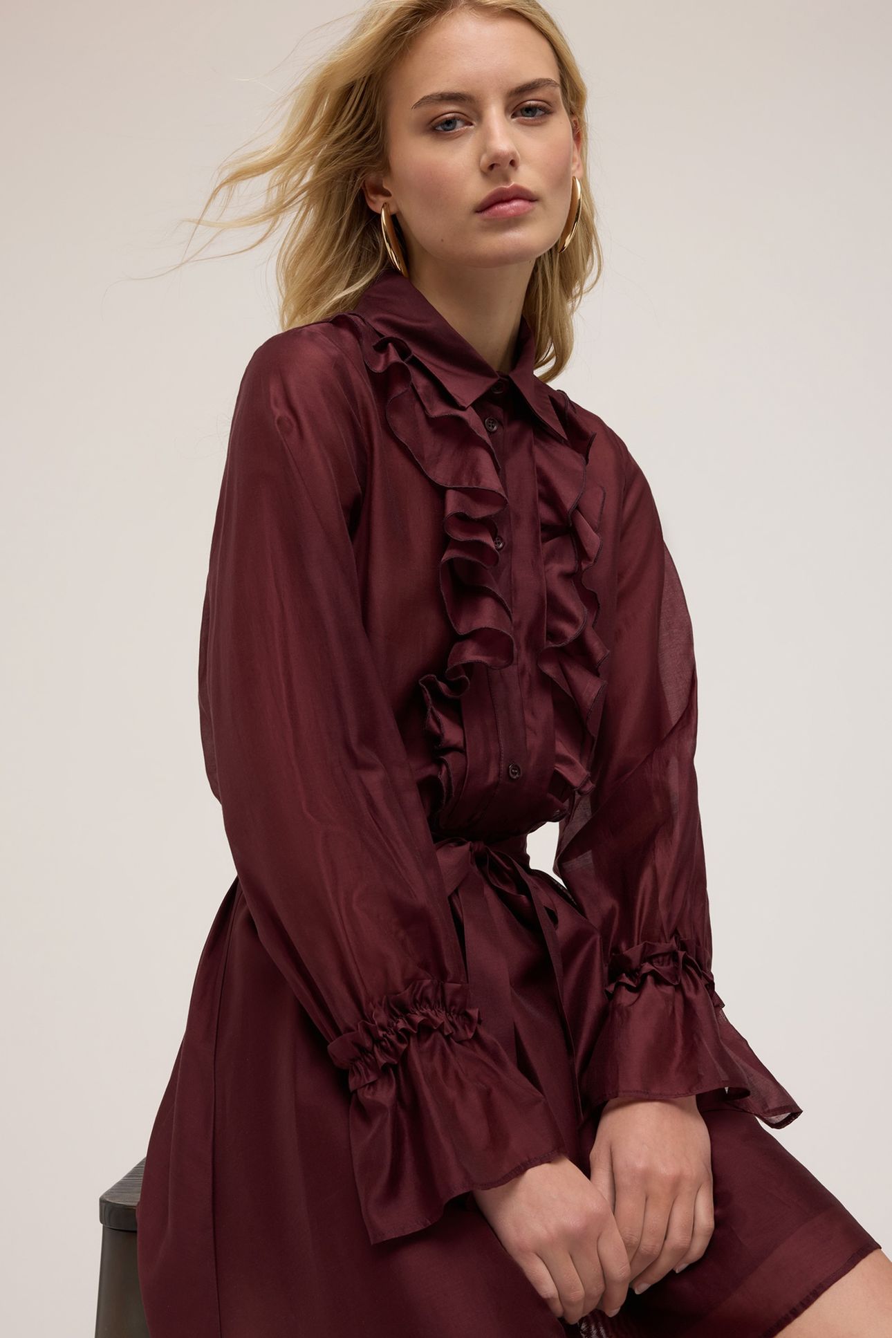 VOILE CHEMISIER DRESS WITH FLOUNCES BURGUNDY 4