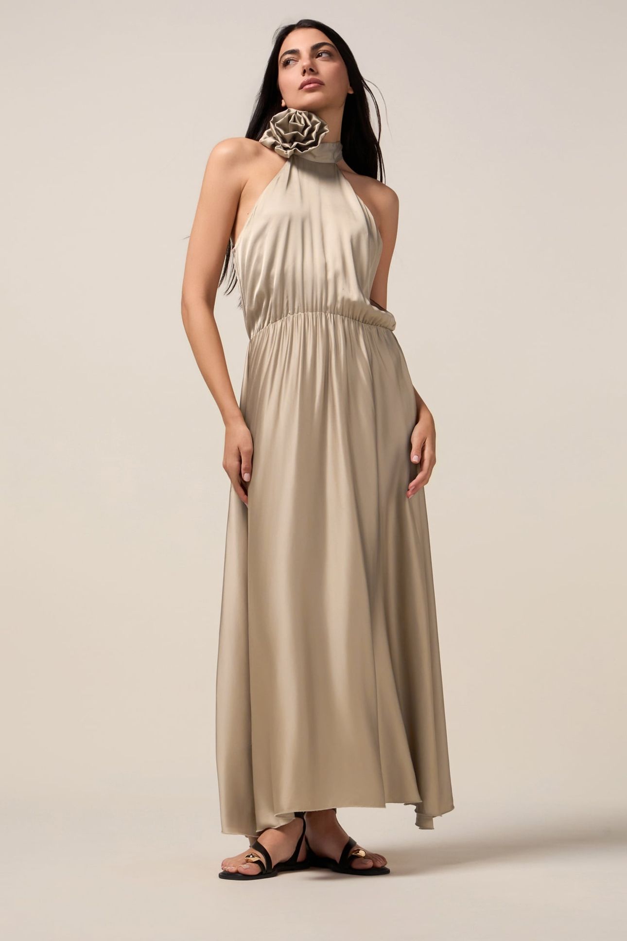 LONG SATIN DRESS WITH FLOWER BEIGE 1