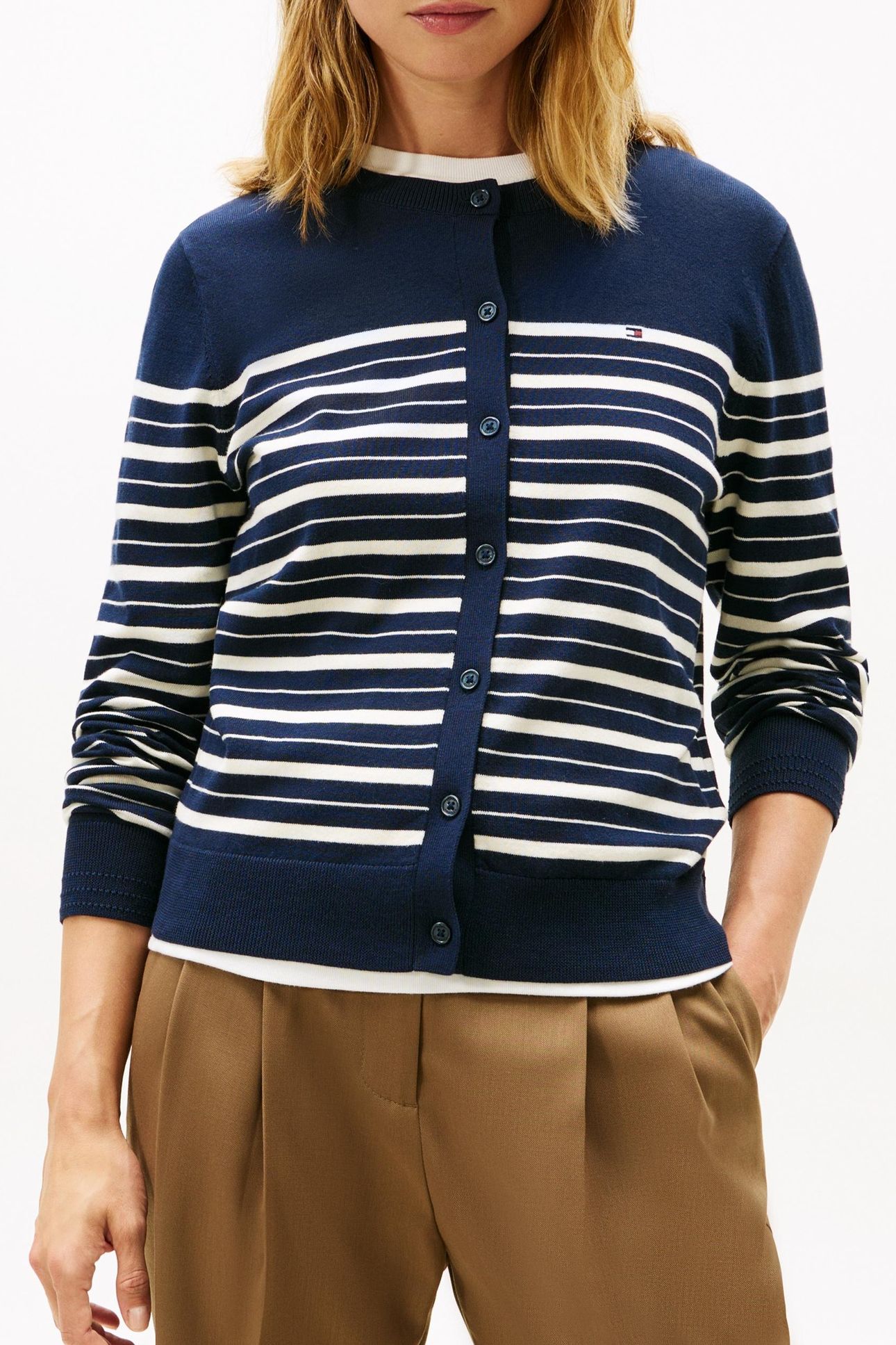 JERSEY CREW NECK CARDIGAN DARK NIGHT NAVY/CALICO MULTI 1