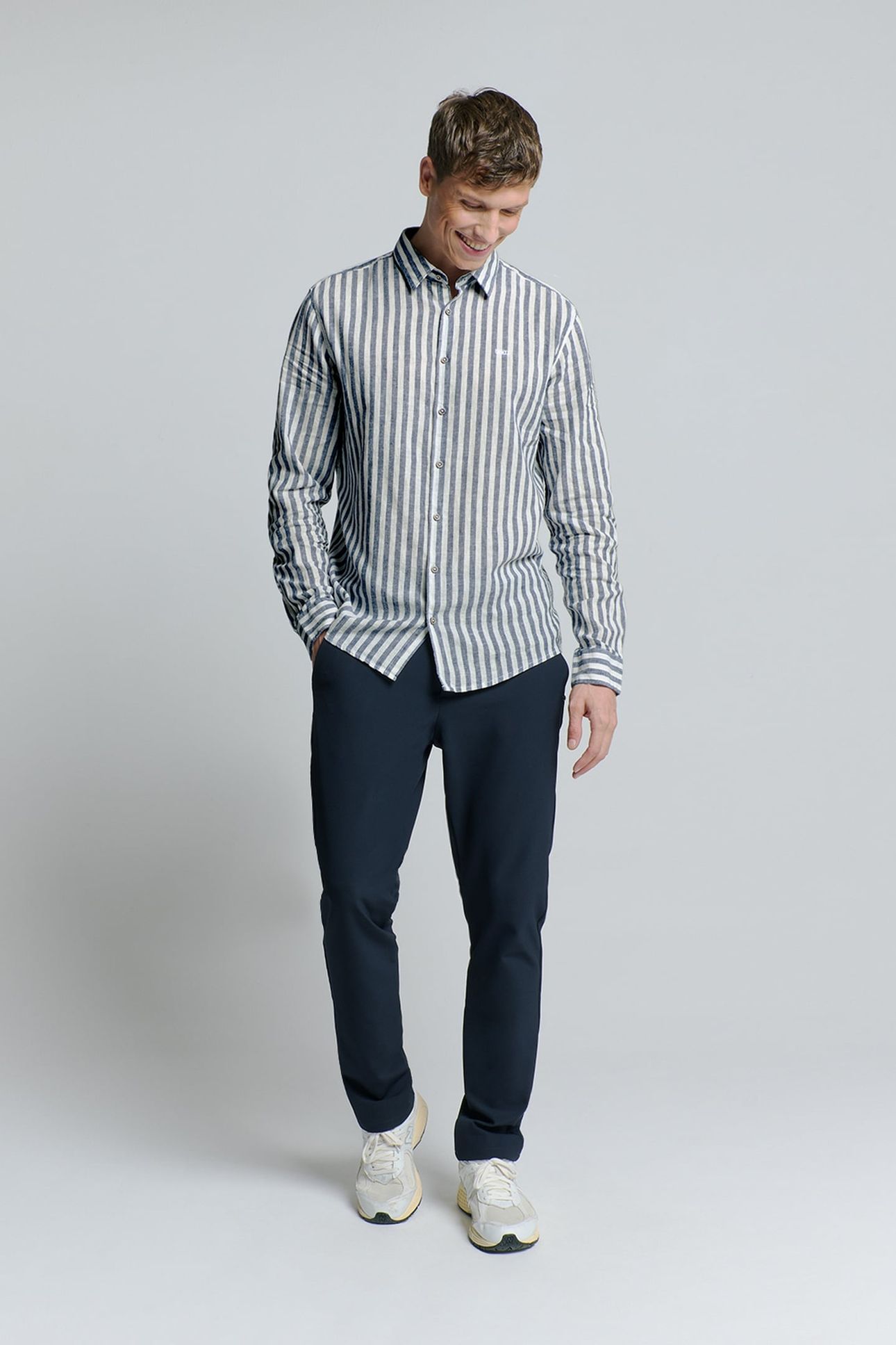 SHIRT VERICAL BIG STRIPES WITH LINEN INDIGO BLUE 2
