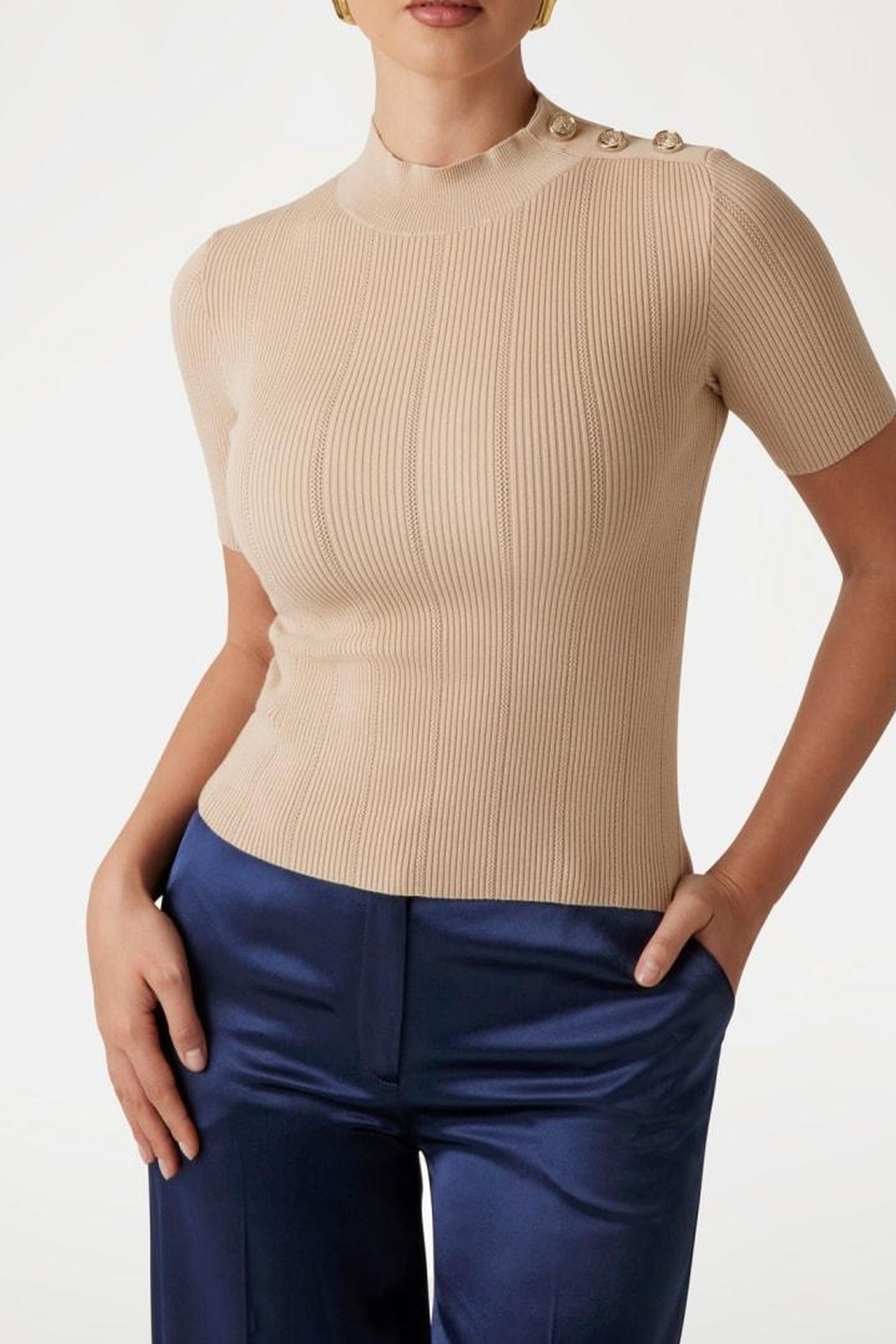 MARCIANO BY GUESS GRACE MOCK NECK SS SWEATER FAWN TAUPE 3