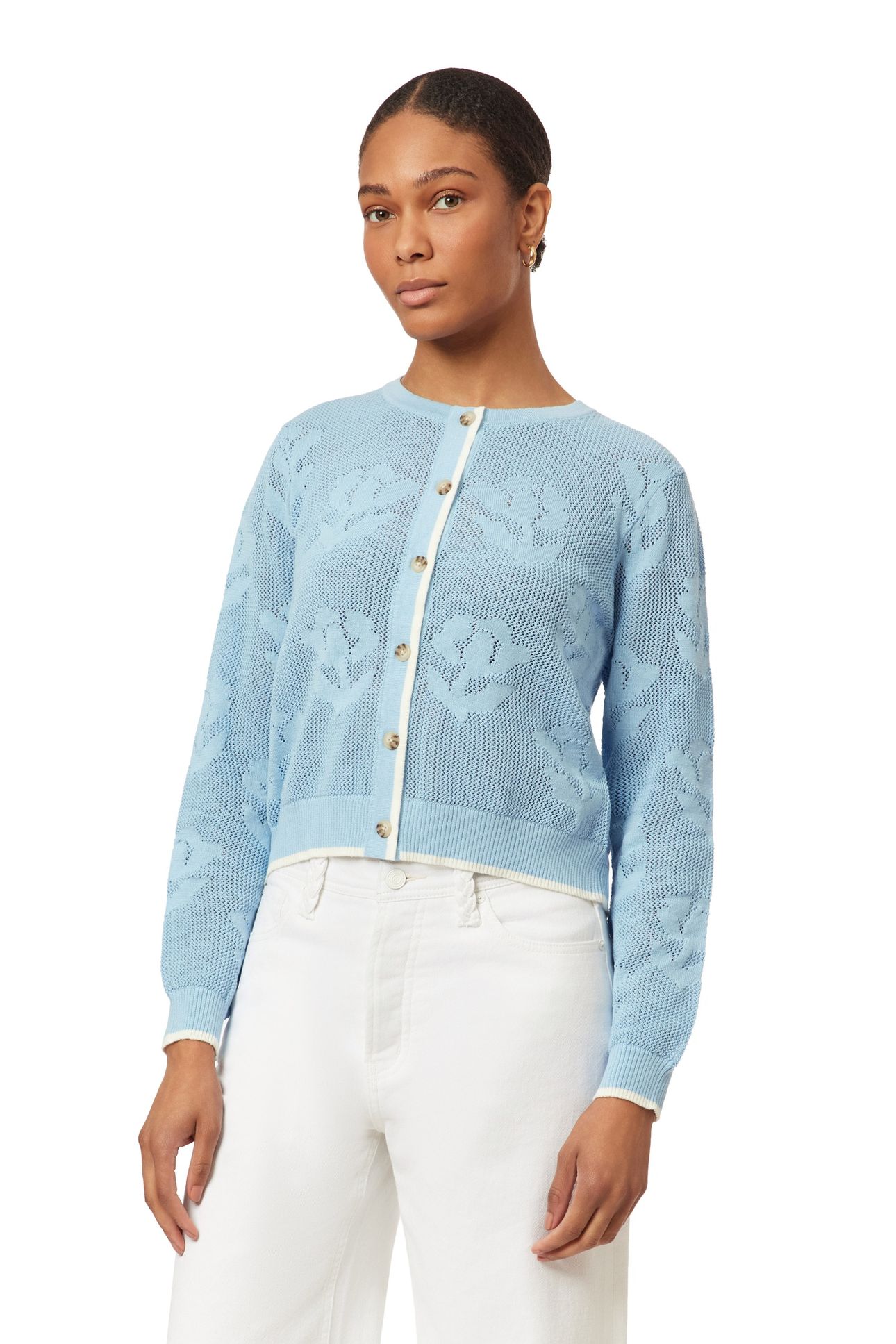 CREW NECK CARDIGAN CERULEAN OPEN KNIT FLORAL 5