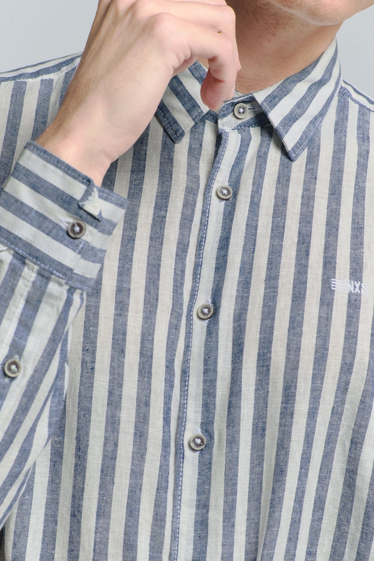 SHIRT VERICAL BIG STRIPES WITH LINEN INDIGO BLUE 9