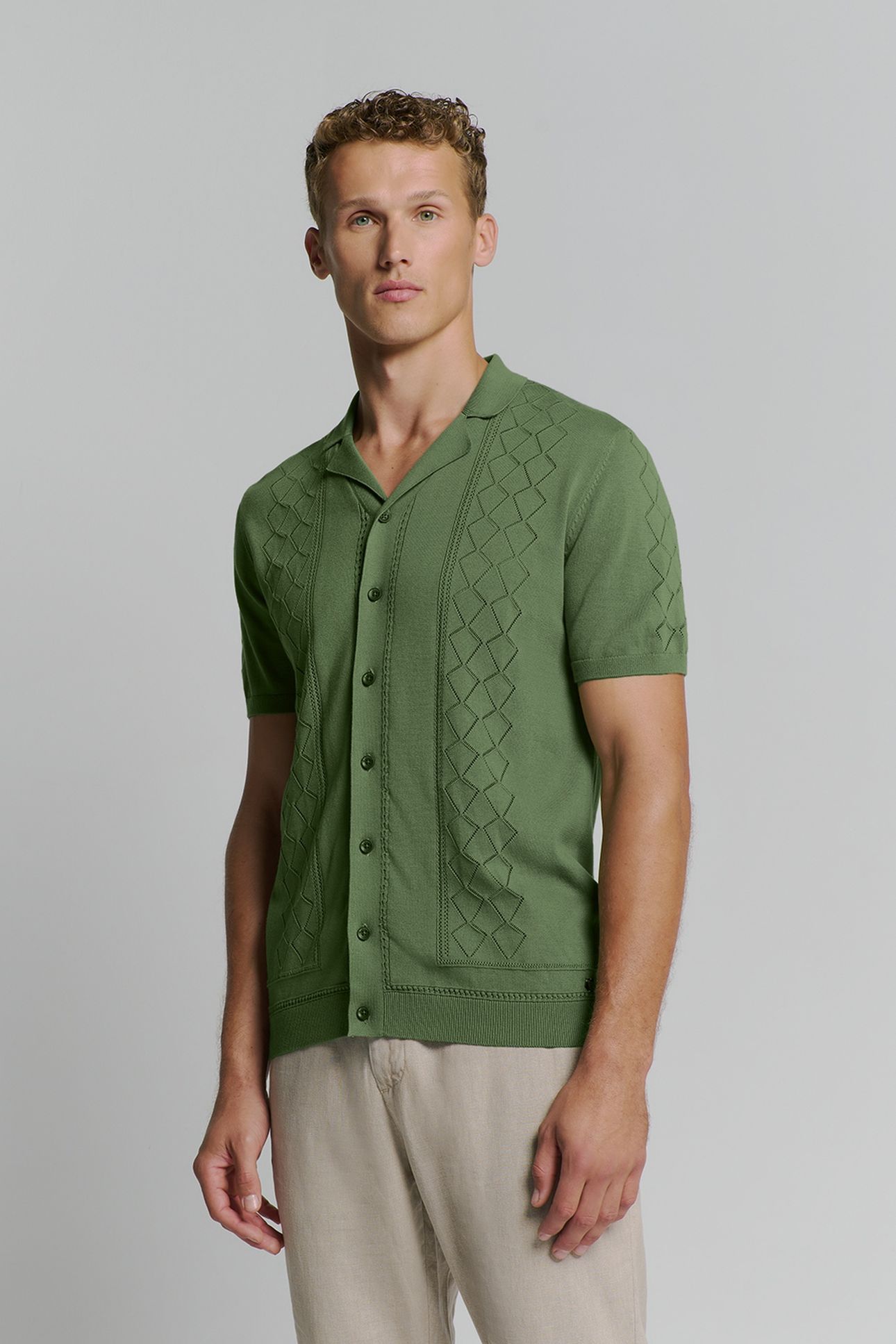 PULLOVER SHORT SLEEVE FULL BUTTON POLO SOLID JACQUARD GREEN 1