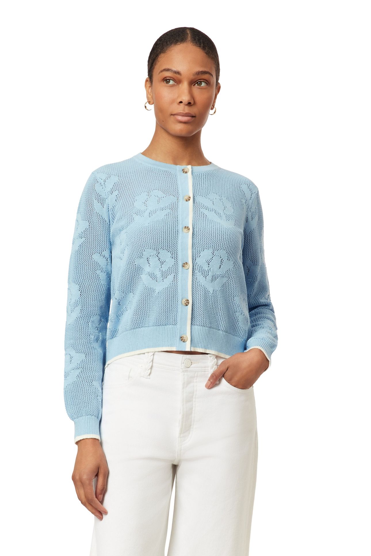 CREW NECK CARDIGAN CERULEAN OPEN KNIT FLORAL 1