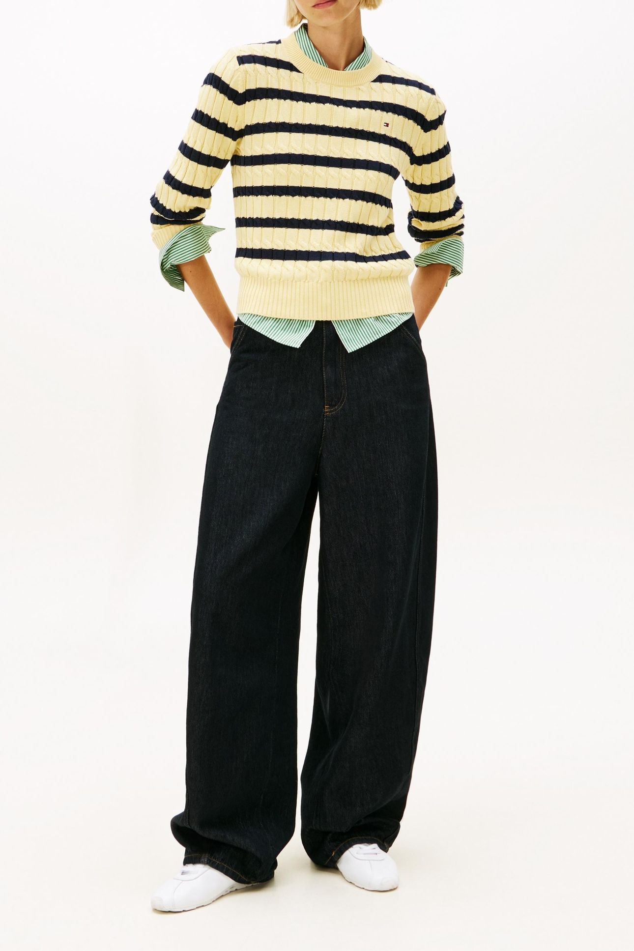 CABLE KNIT CREW NECK JUMPER ZESTY YELLOW/DARK NAVY 2
