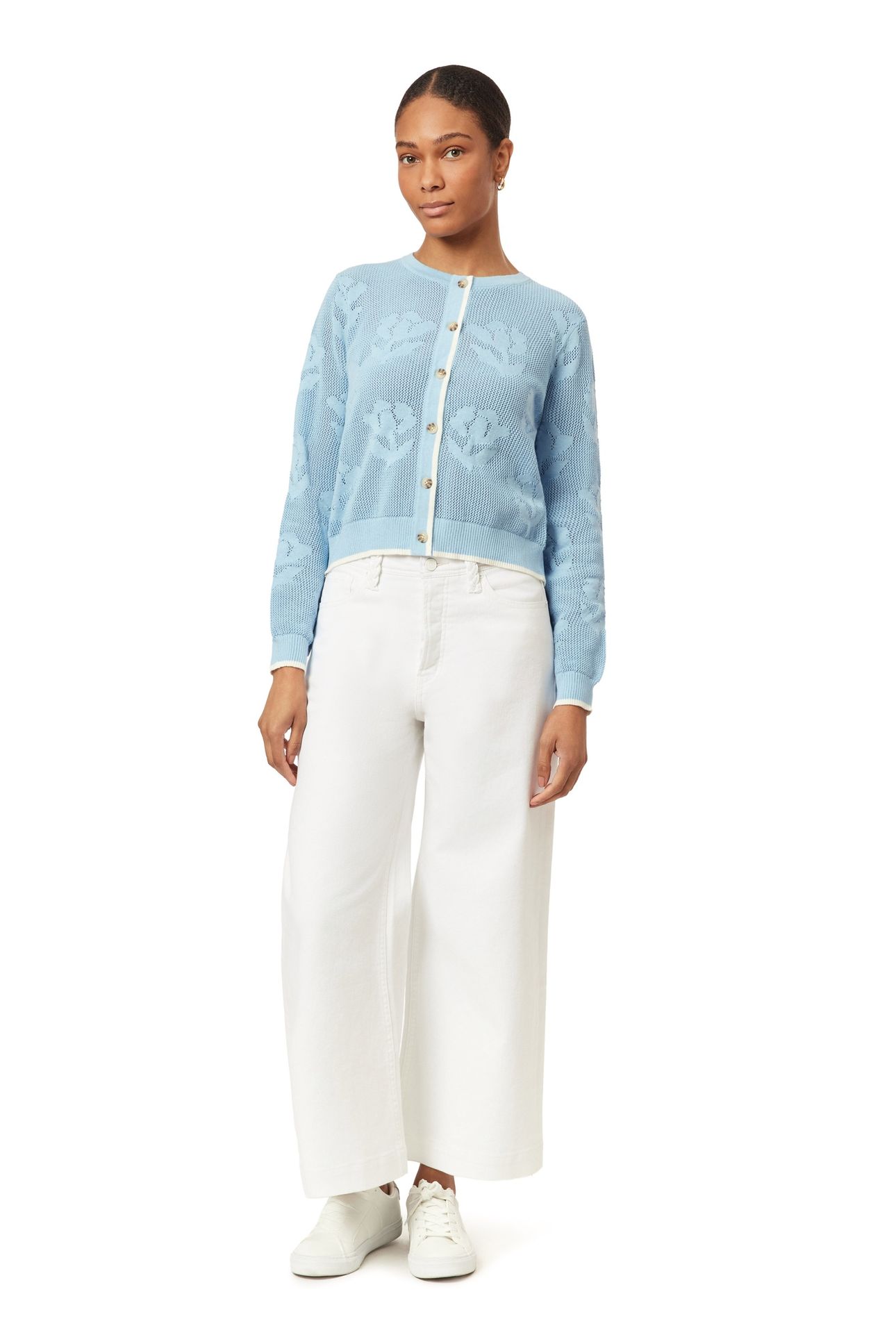 CREW NECK CARDIGAN CERULEAN OPEN KNIT FLORAL 2