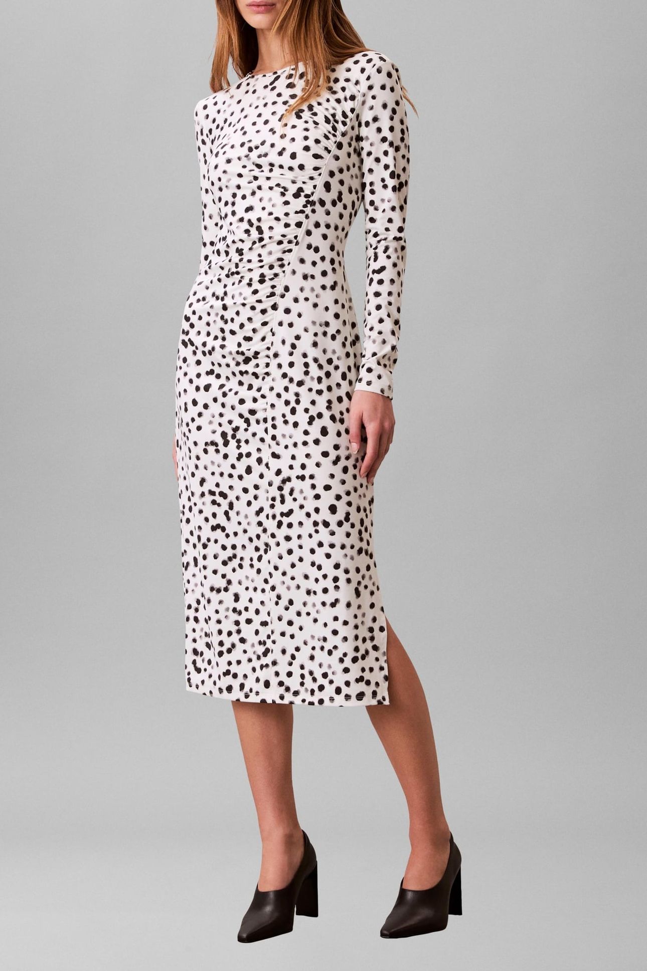 RUCHED ASSYMETRICAL PRINTED MIDI DRESS IVORY PRINT 1