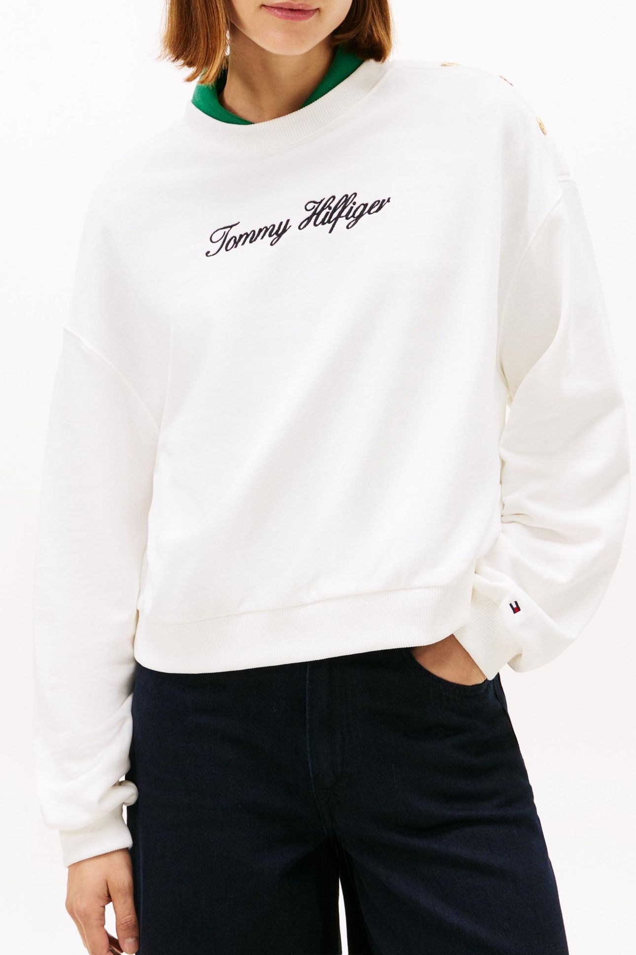 GOLD BUTTON SCRIPT TERRY PULLOVER SWEATSHIRT ECRU 1