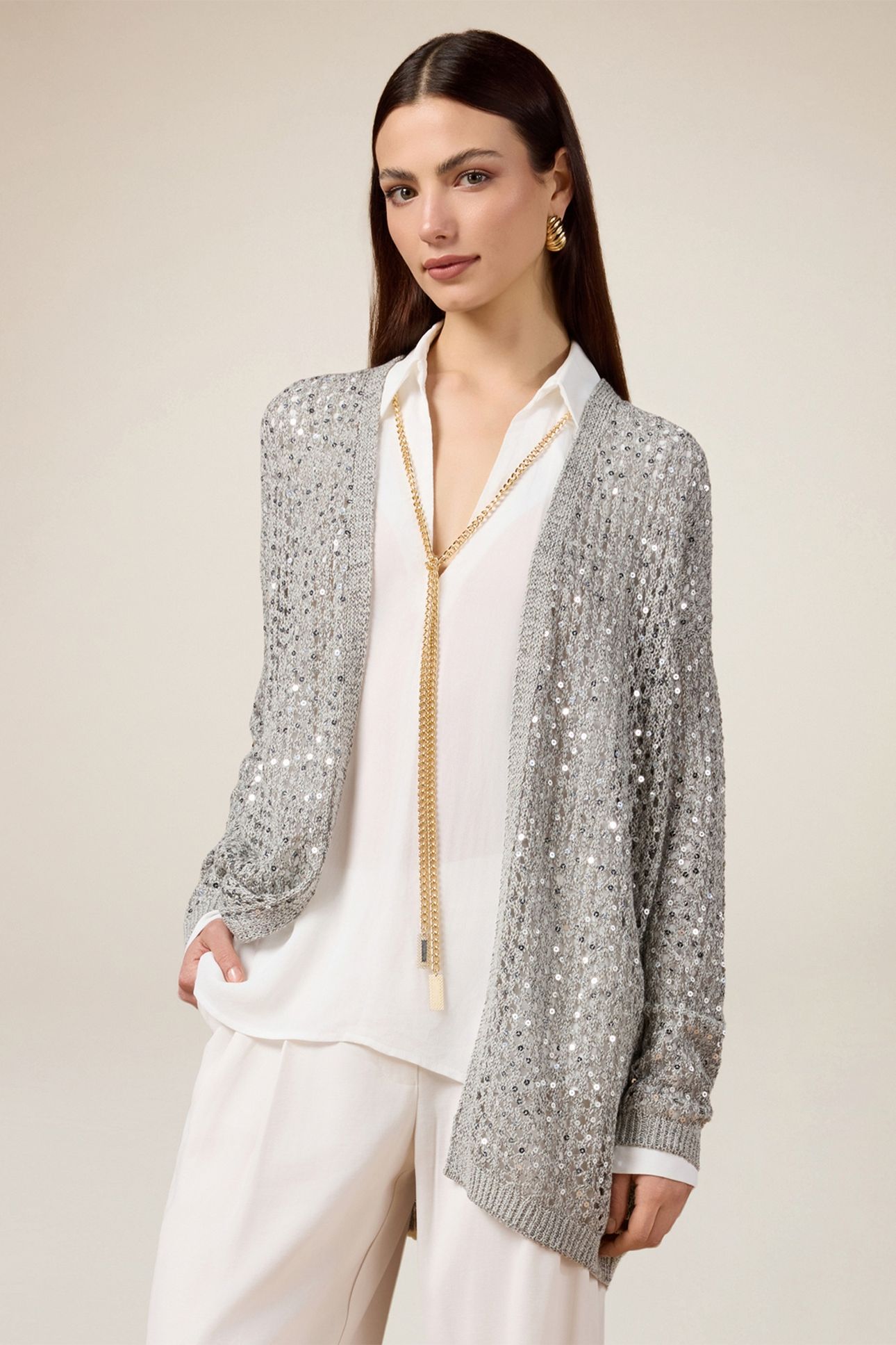 OPENWORK CARDIGAN WITH SEQUINS GREY 1