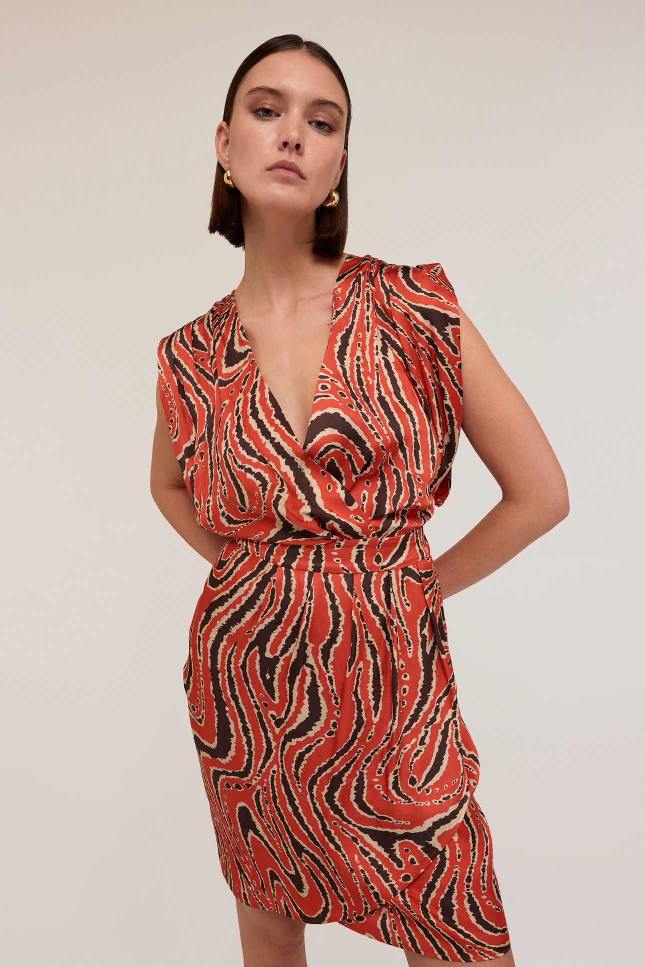 SHORT SATIN CROSSOVER DRESS WITH PRINT ORANGE 3