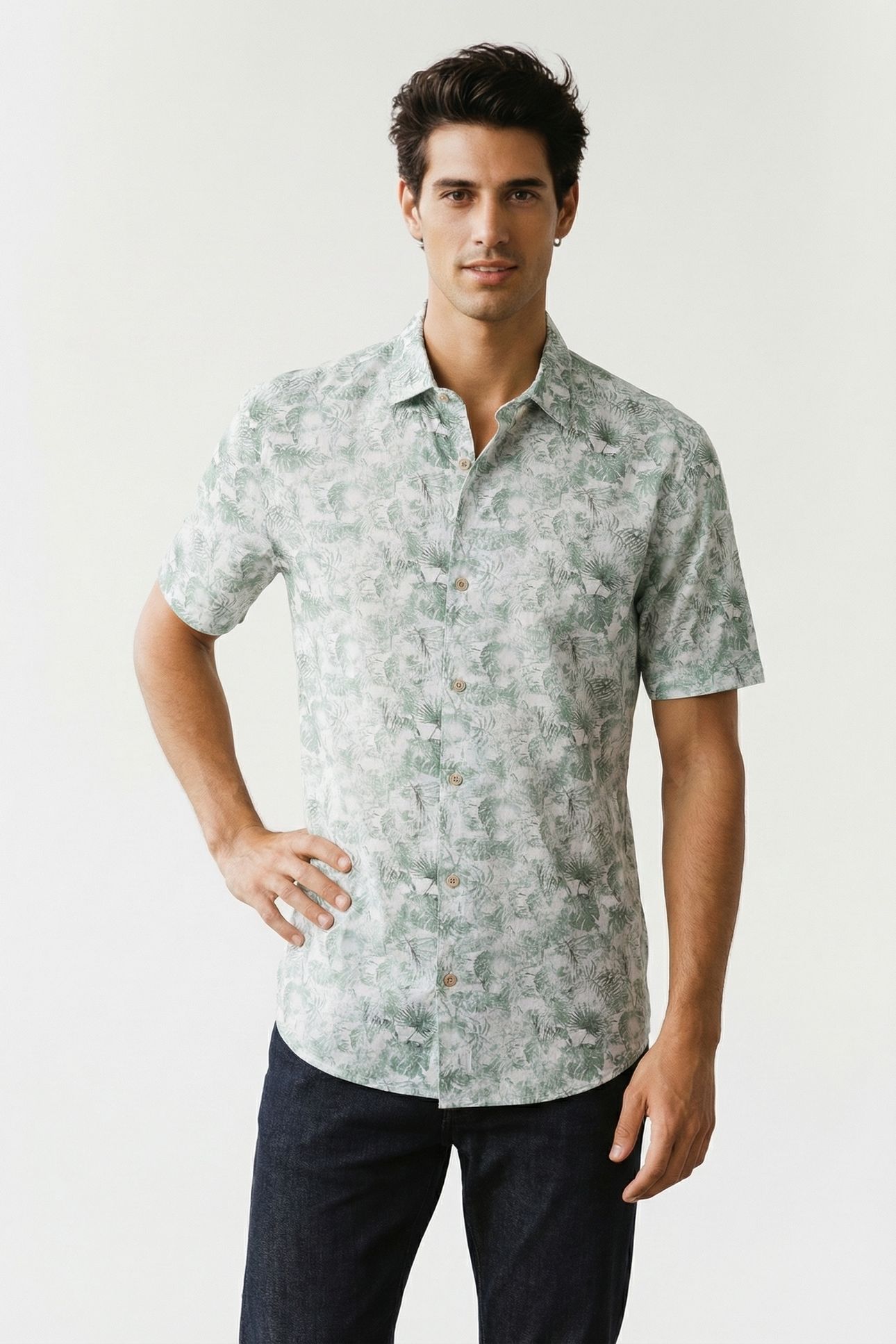 SHIRT SHORT SLEEVE ALLOVER PRINTED WITH LINEN GREEN 2