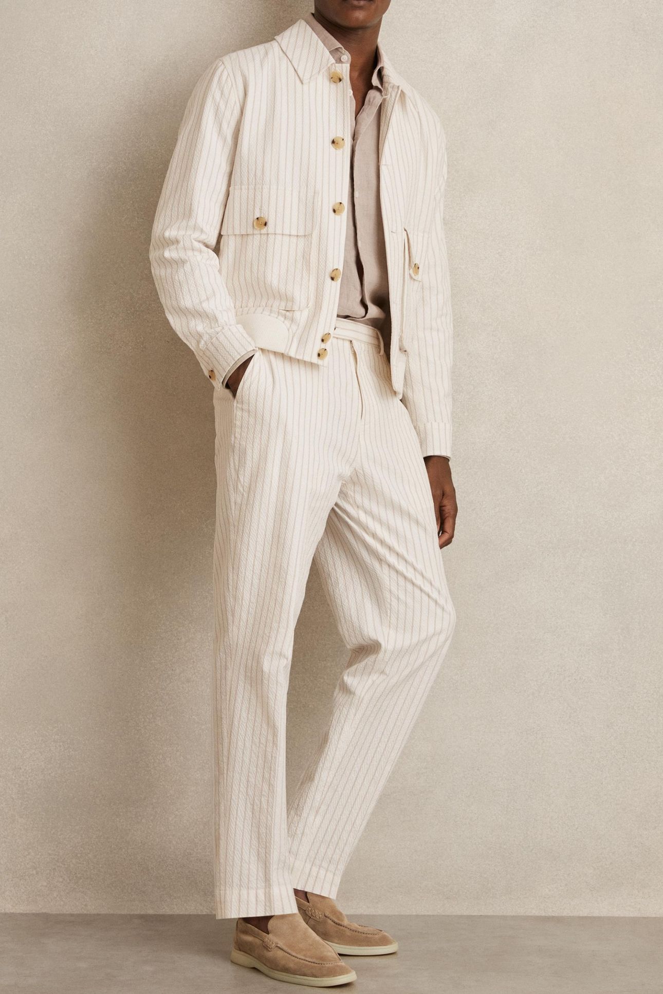 LS STRIPE SEERSUCKER HARRINGTON OFF WHITE/TAUPE BROWN 5