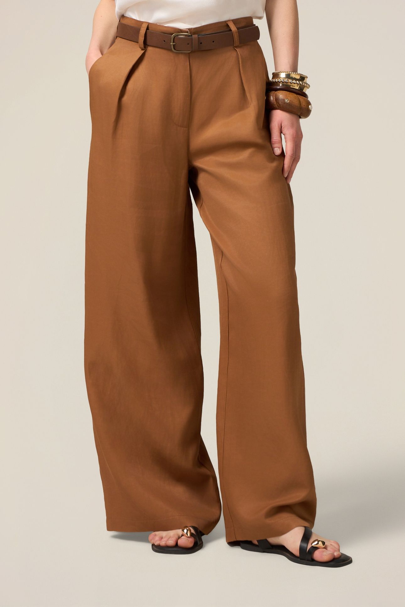 WIDE-LEG LINEN BLEND TROUSERS BROWN 1