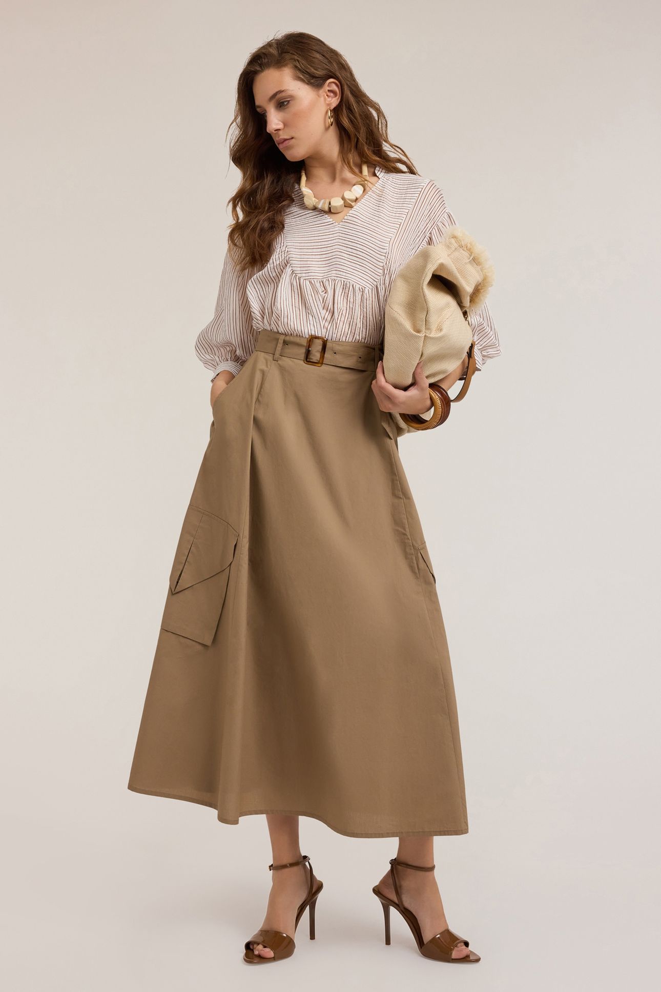 COTTON POPLIN CARGO SKIRT BROWN 1