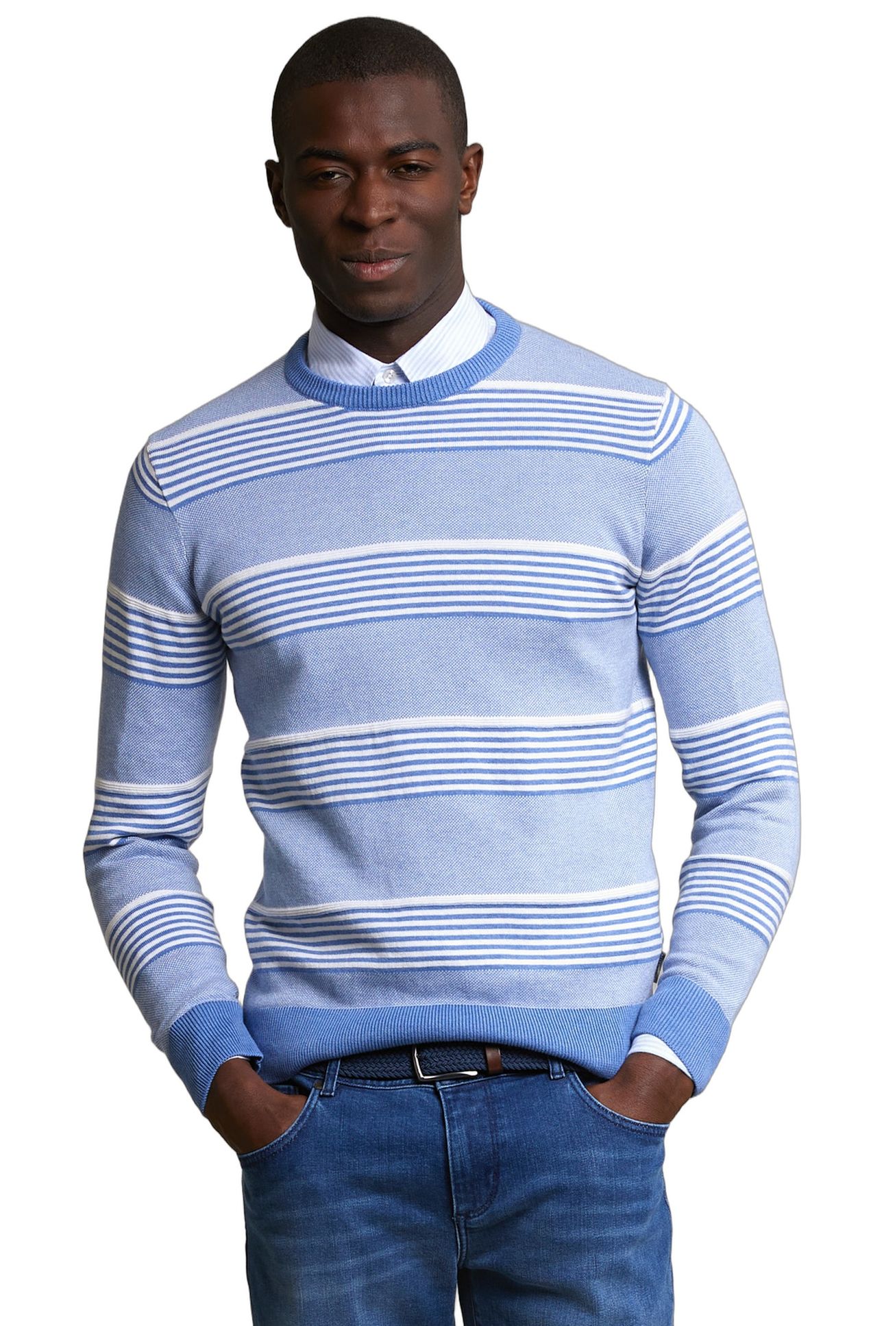 CUSTOM FIT COTTON STRIPED CREW NECK PULLOVER LT HAMPTONS MIX 1