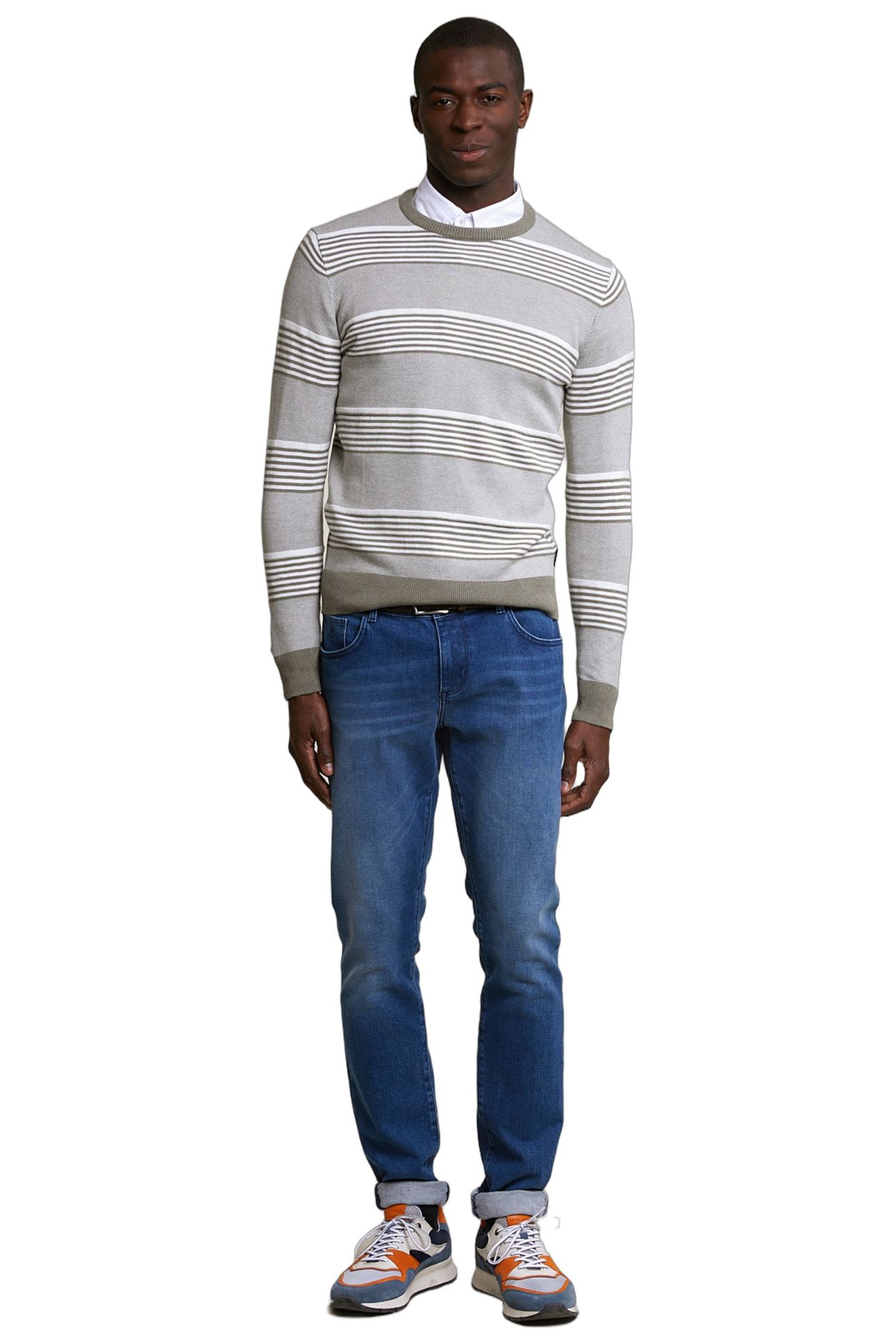 CUSTOM FIT COTTON STRIPED CREW NECK PULLOVER LT SAFARI GREEN 3