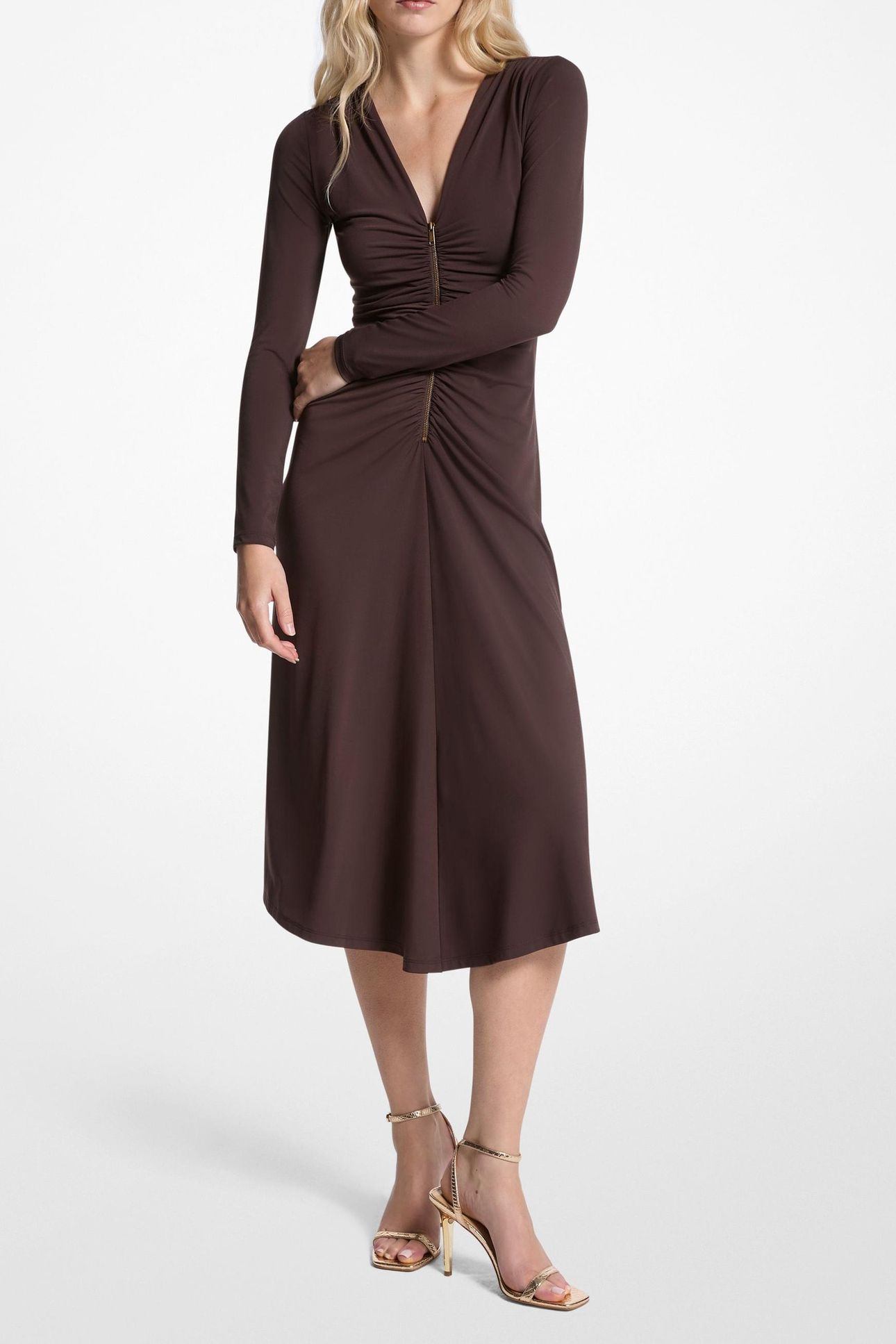 ZIP RUCH MIDI DRESS CHOCOLATE 1