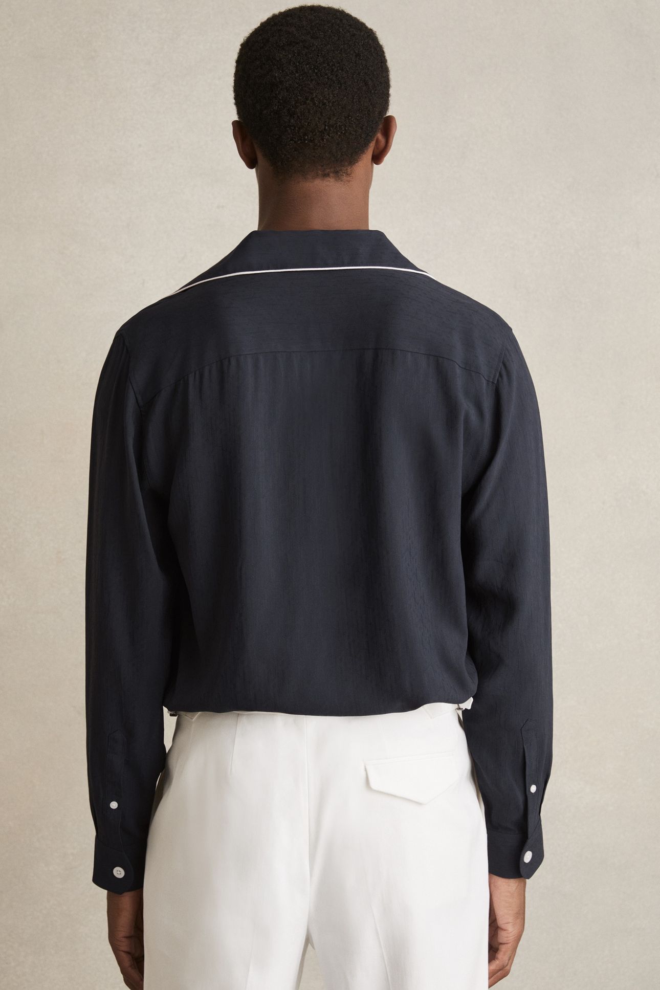 LS MONOGRAM JACQUARD CUBAN PIPED SHIRT NAVY 3