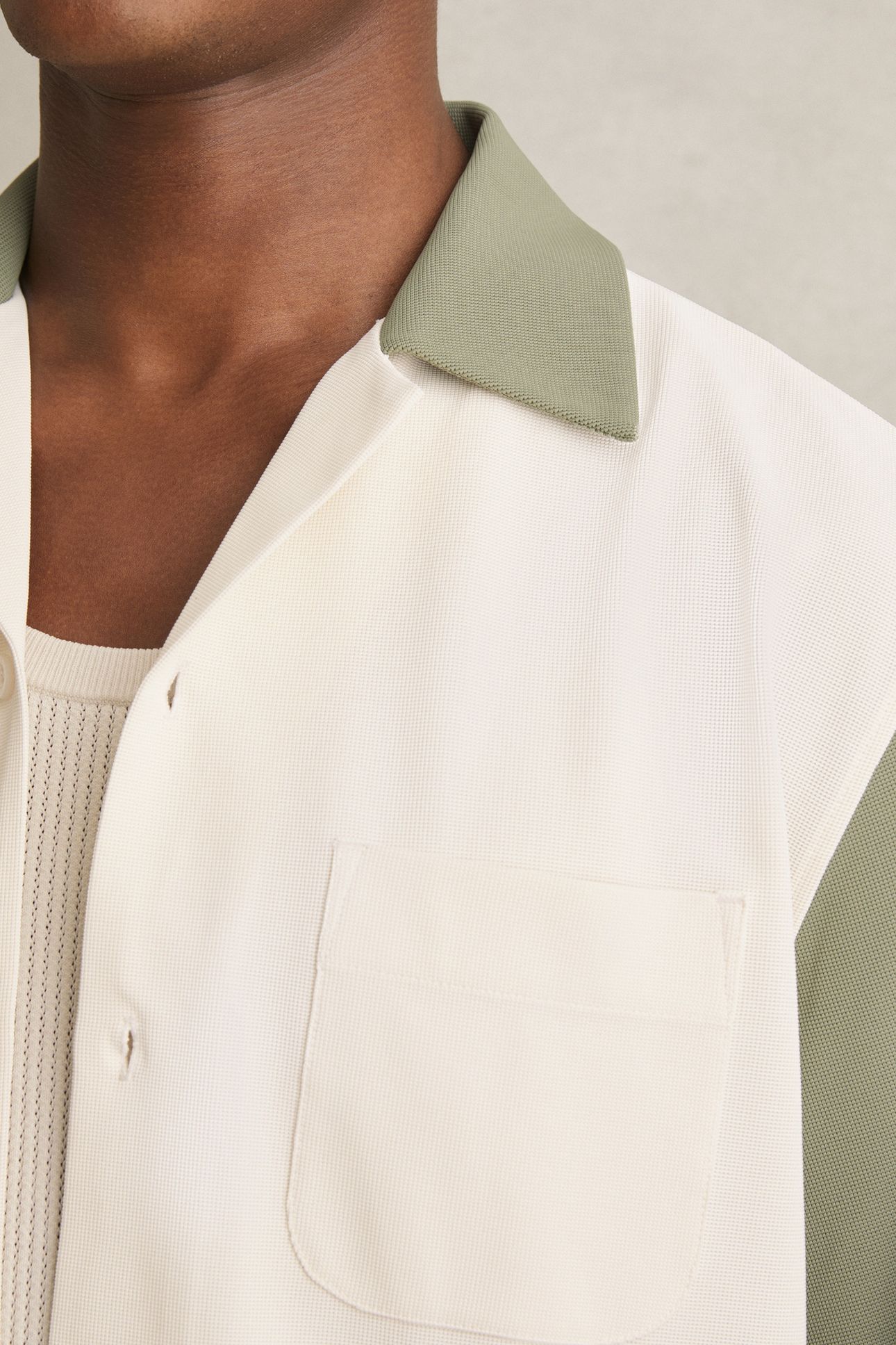 SS TEXTURED COLOUR BLOCK CUBAN SHIRT OFF WHITE/SAGE 5