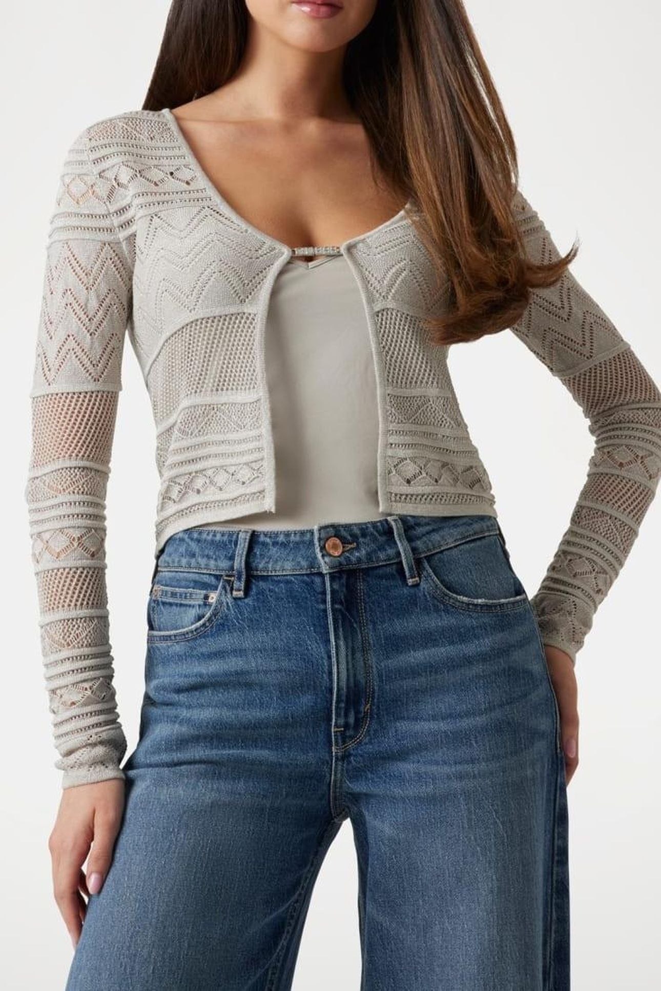 GUESS ECO NELLIE LS CARDI SWTR SILVER LUREX 2