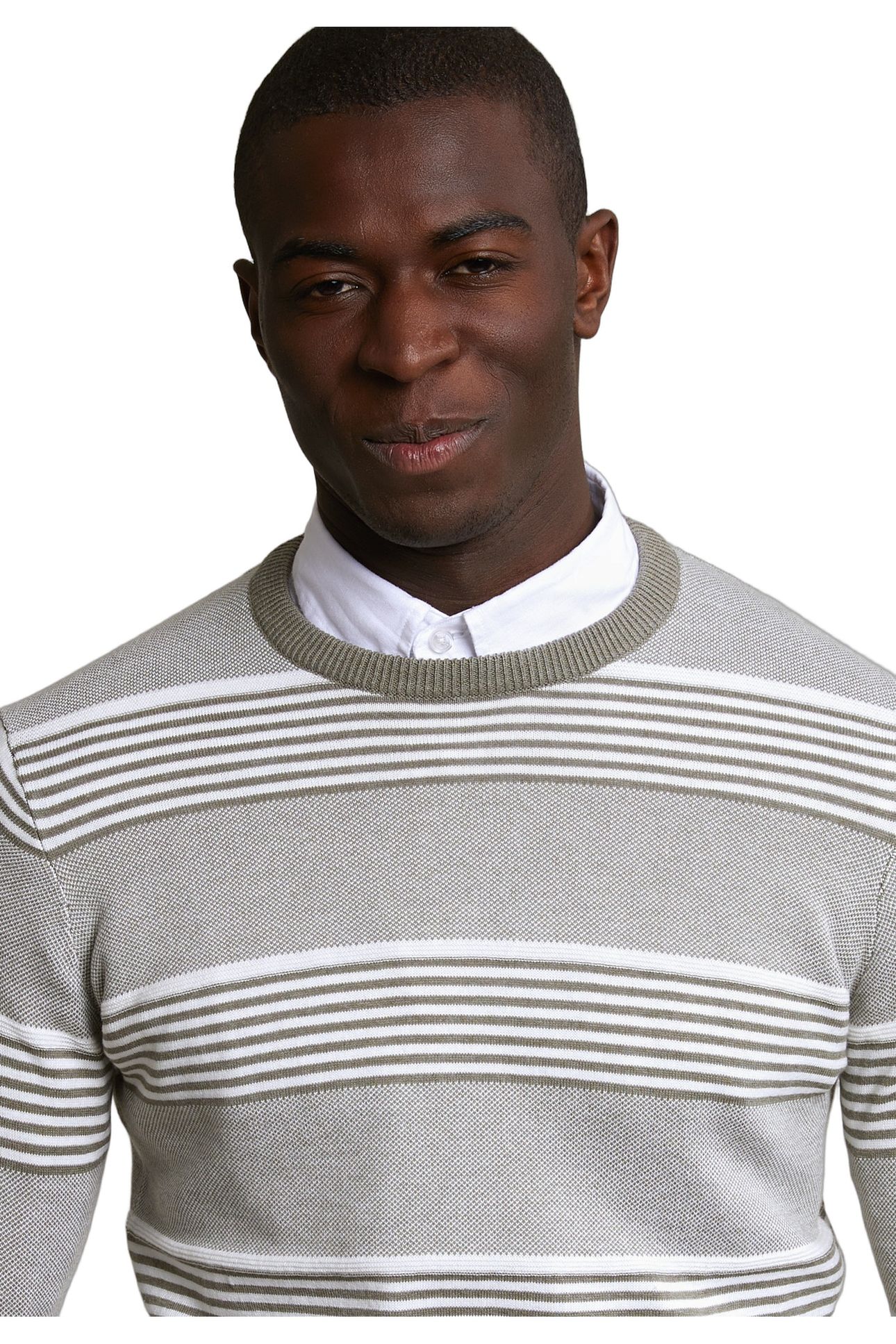 CUSTOM FIT COTTON STRIPED CREW NECK PULLOVER LT SAFARI GREEN 2