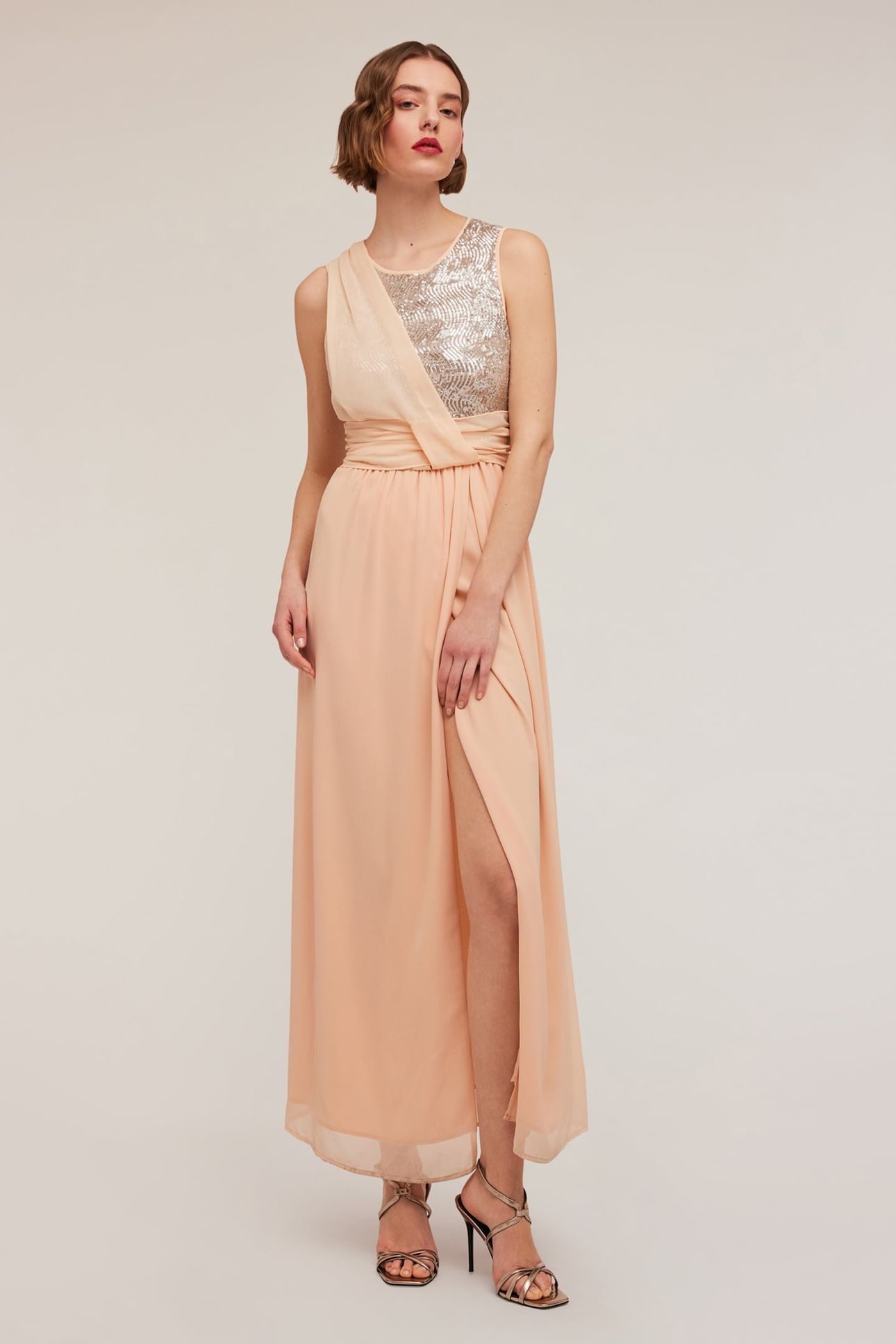 LONG PEPLUM DRESS WITH FULL SEQUIN BODICE PINK 1