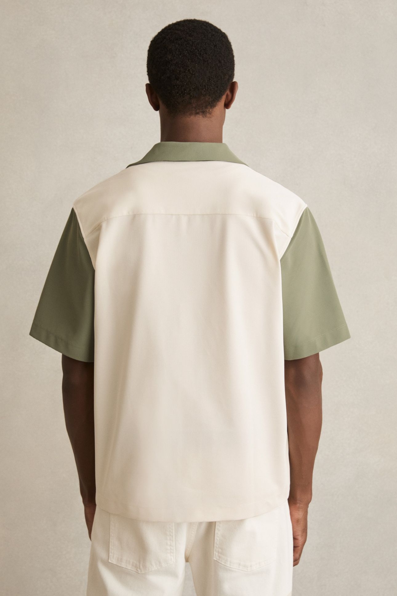 SS TEXTURED COLOUR BLOCK CUBAN SHIRT OFF WHITE/SAGE 3