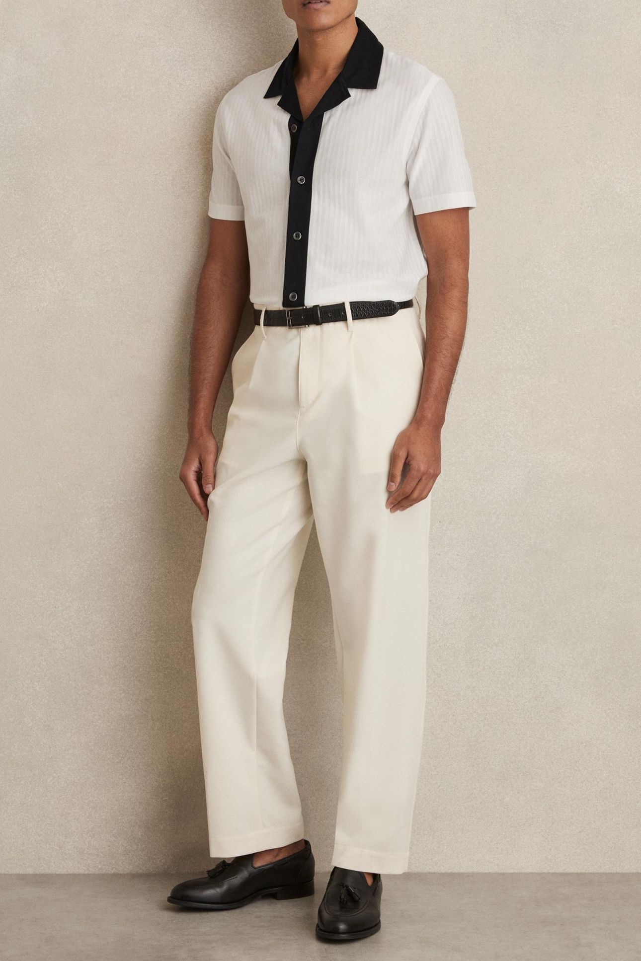 SS TEXTURED COLOUR BLOCK CUBAN SHIRT WHITE/NAVY 1