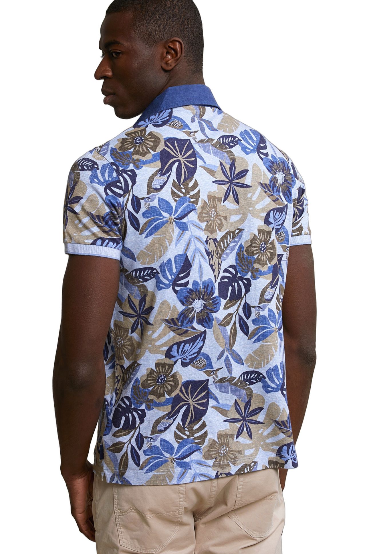 CUSTOM FIT COTTON-LINEN FLORAL POLO SKY MIX 3