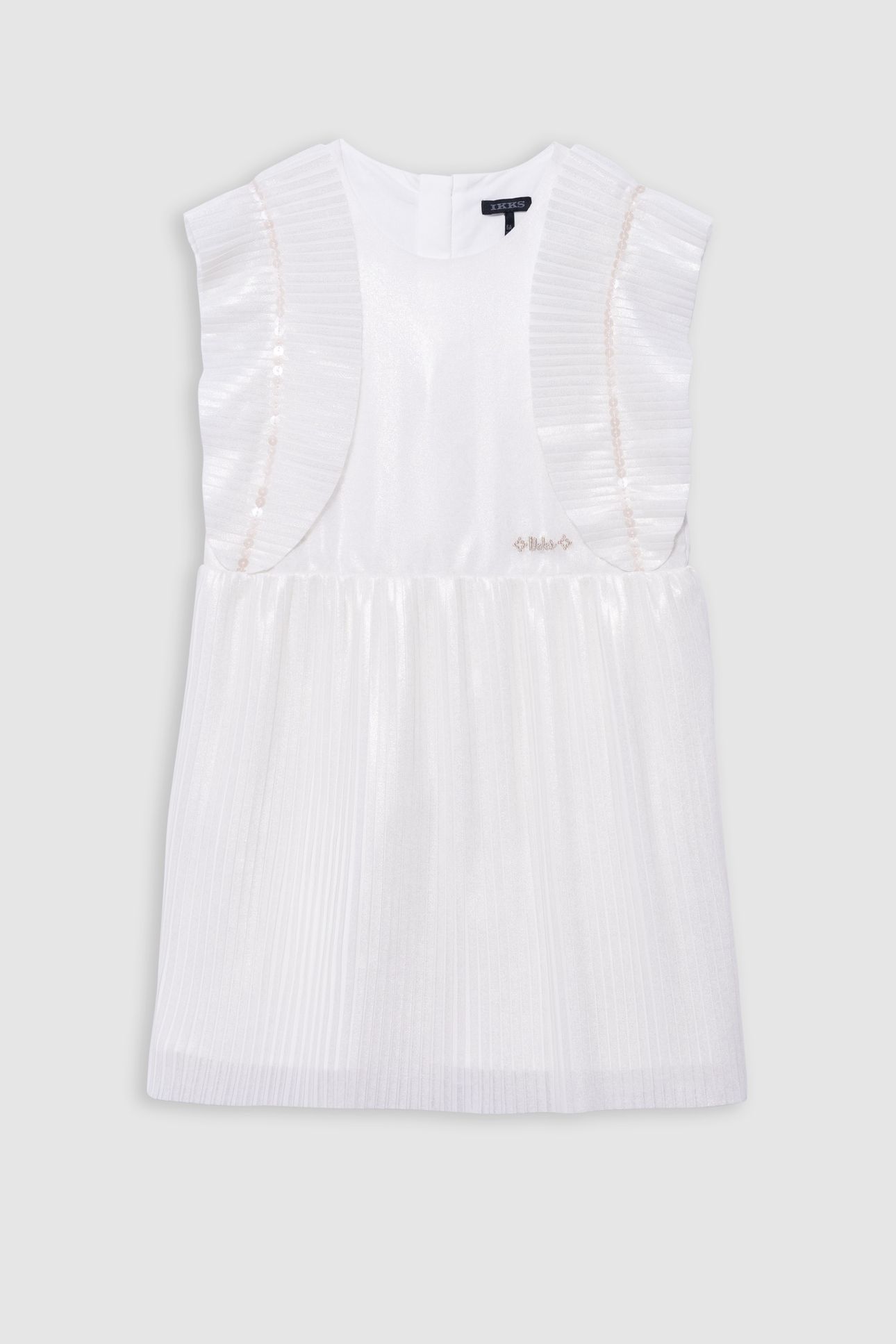 ECRU IRIDESCENT PLEATED DRESS WITH RUFFLED SLEEVES 1