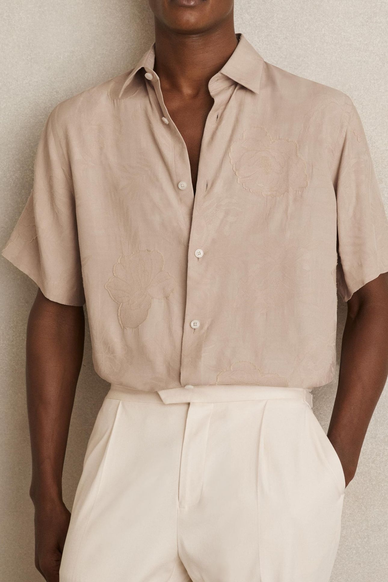SS FLORAL JACQUARD SHIRT OATMEAL 1