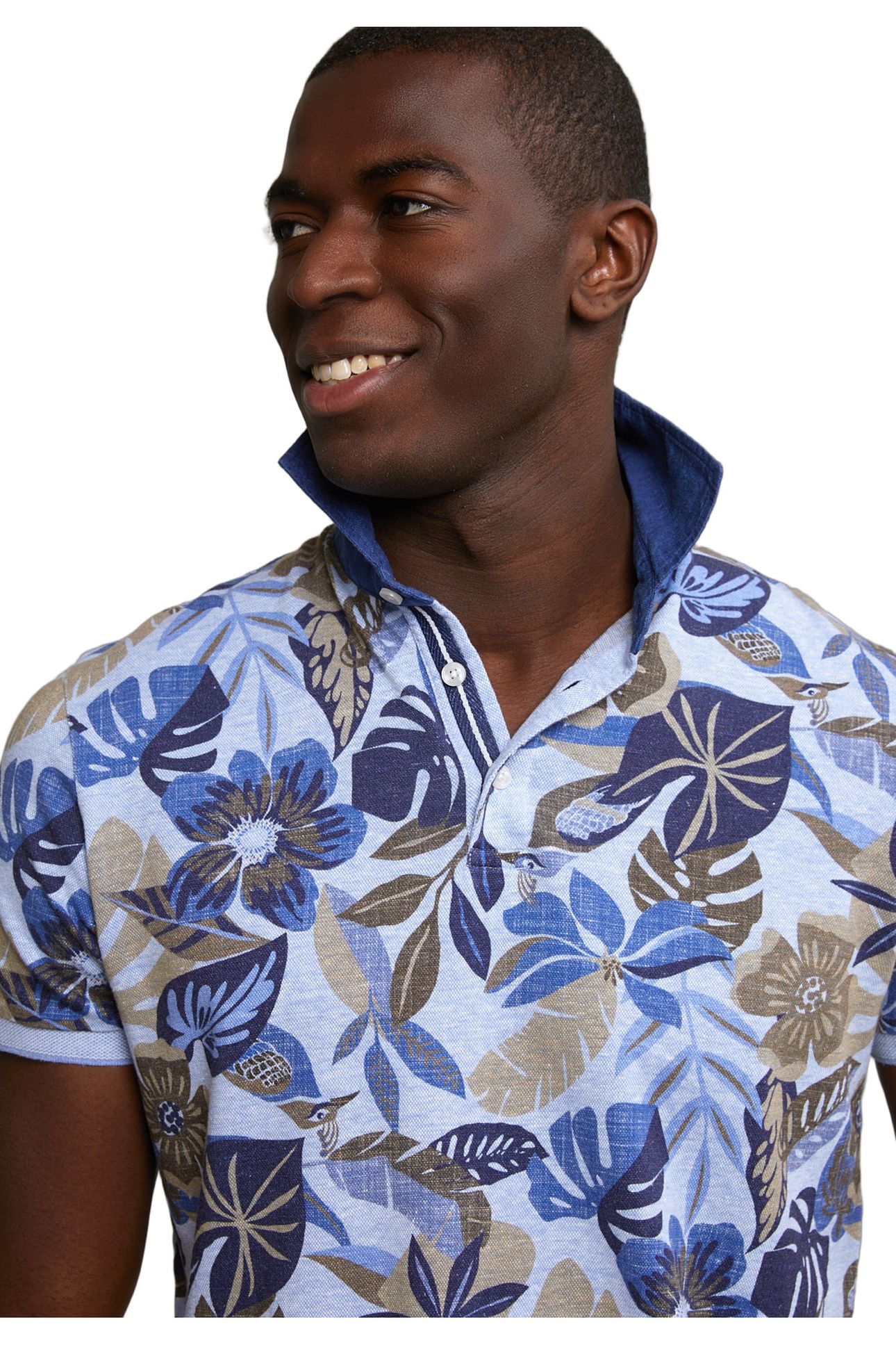 CUSTOM FIT COTTON-LINEN FLORAL POLO SKY MIX 4