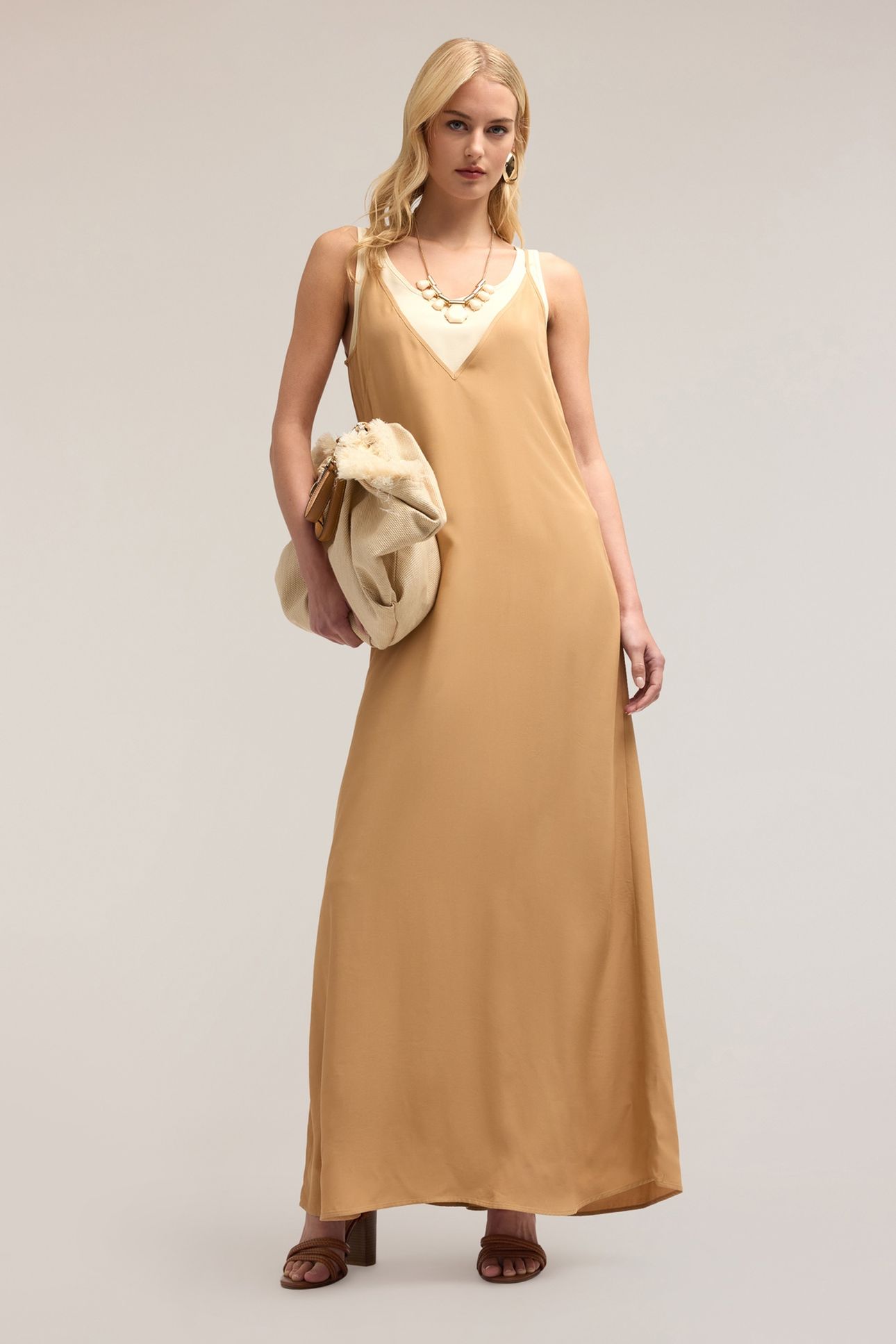 LONG DOUBLE VISCOSE DRESS BEIGE 1