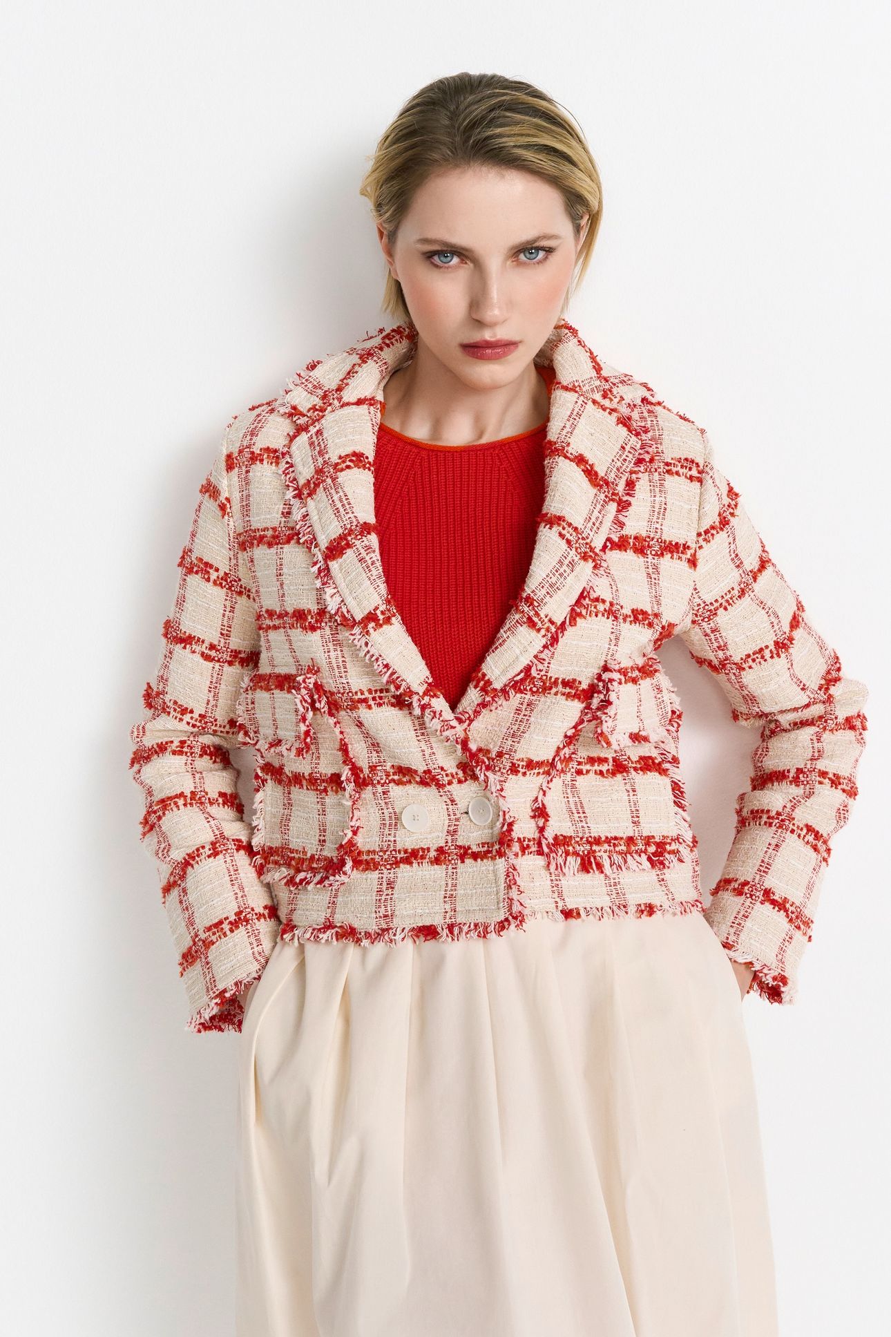 SHORT CHECKED BOUCLE JACKET SUNSET RED 2