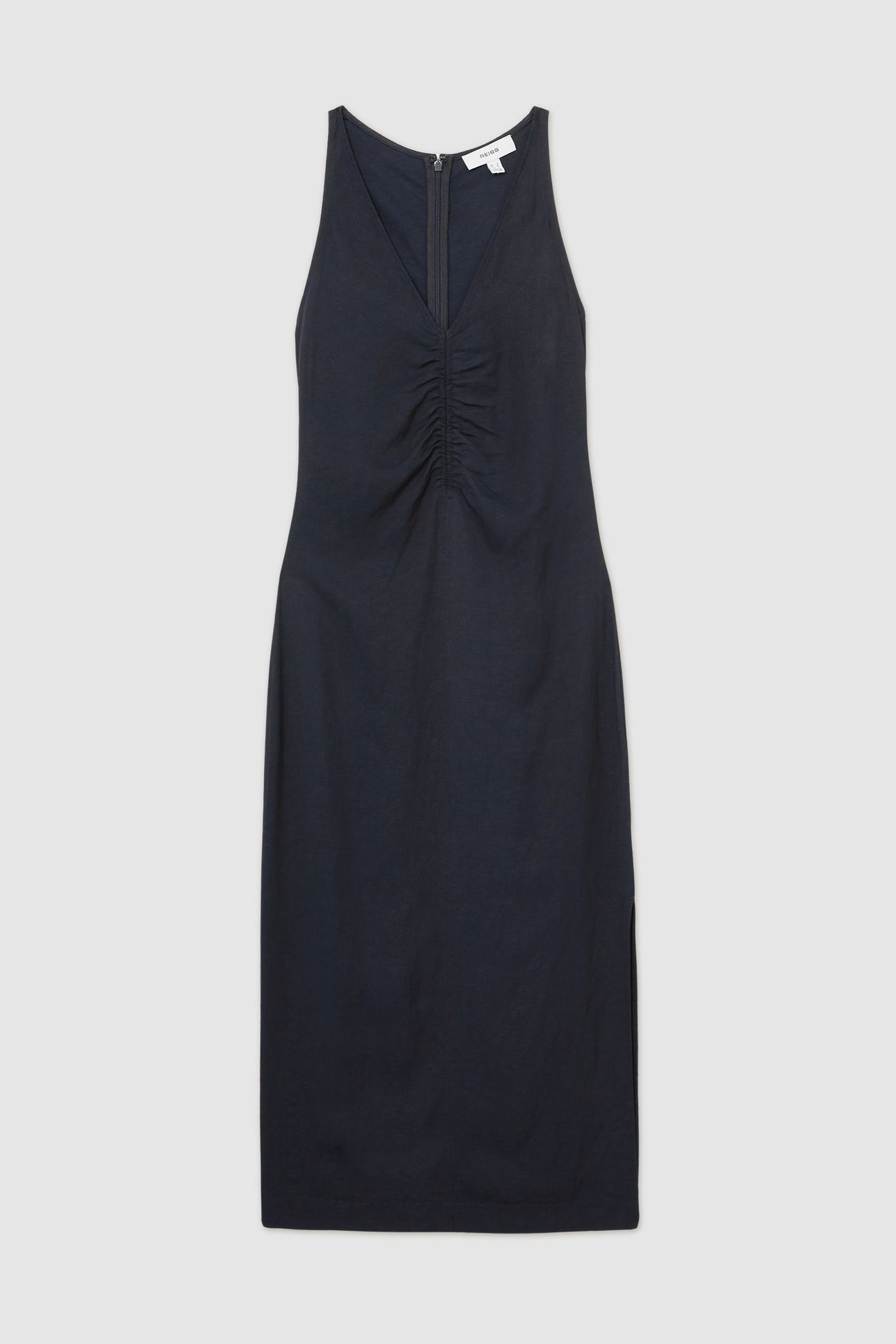 RUCHED LINEN DRESS NAVY 3