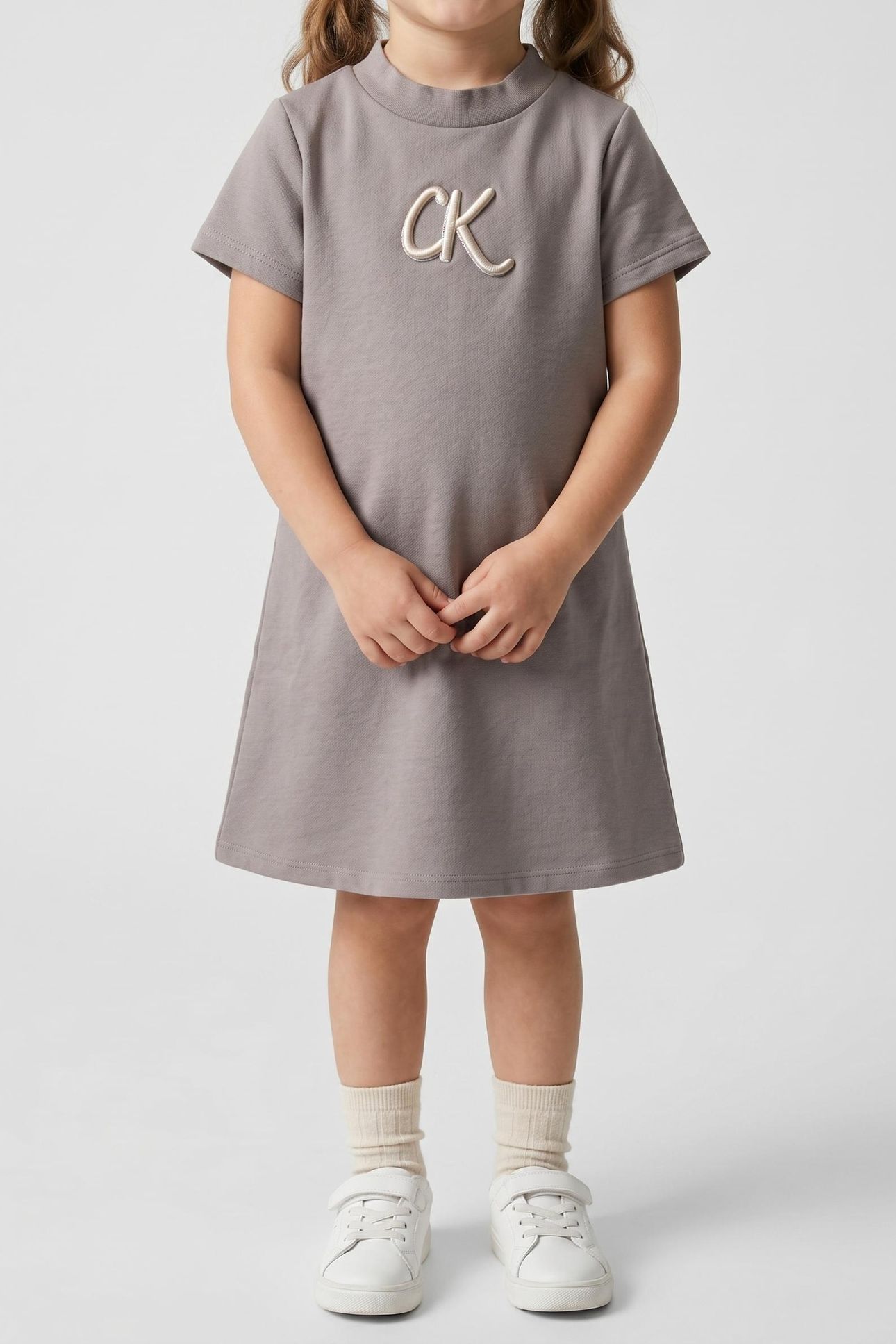 GIRLS METALLIC PRINT LS DRESS MOURNING DOVE 1
