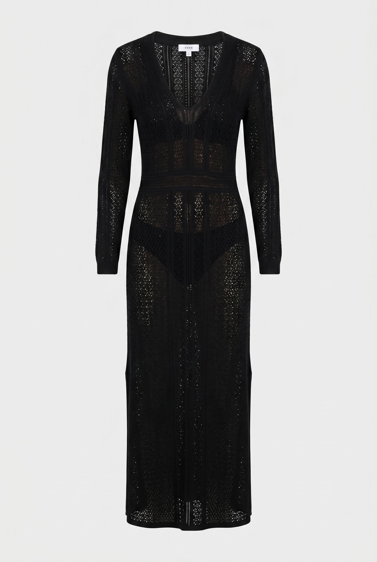 V-NECK KNITTED CROCHET DRESS BLACK 3